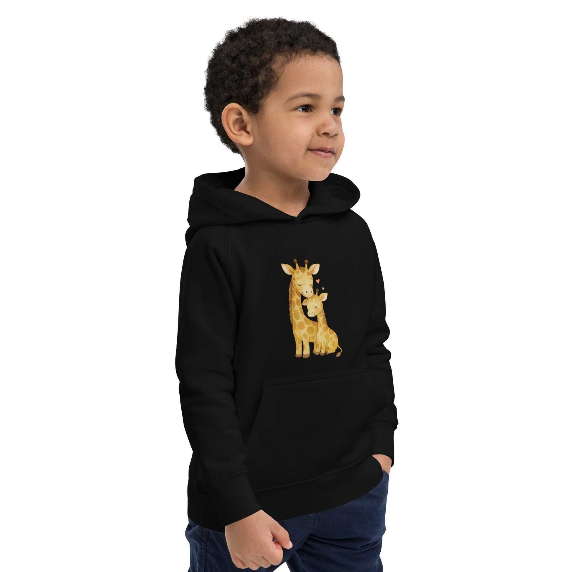 Side view of black kids eco hoodie featuring mom & baby giraffe design. Organic cotton hoodie for kids, warm and stylish.