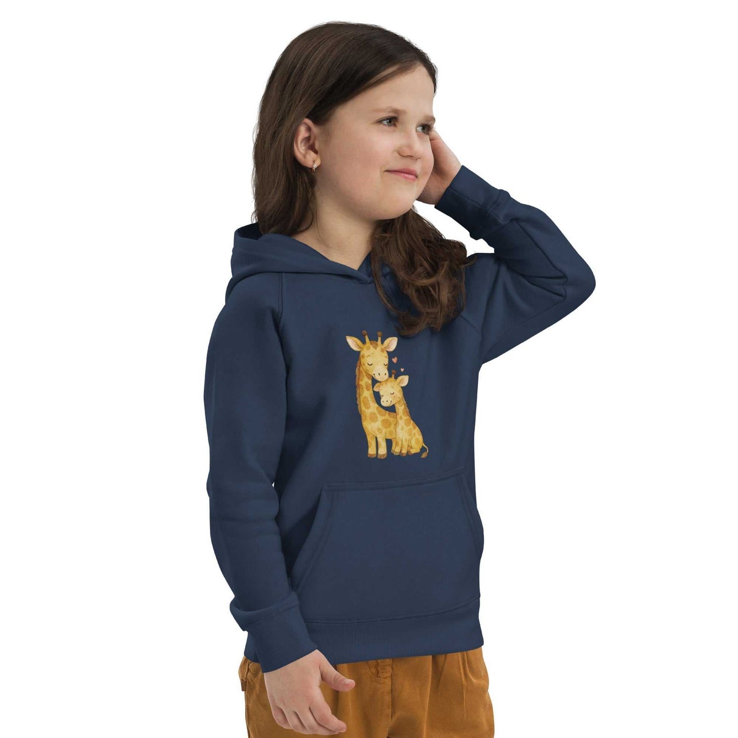Side view of child in navy kids eco hoodie with giraffe family design. Eco-friendly hoodie offering a soft, regular fit.