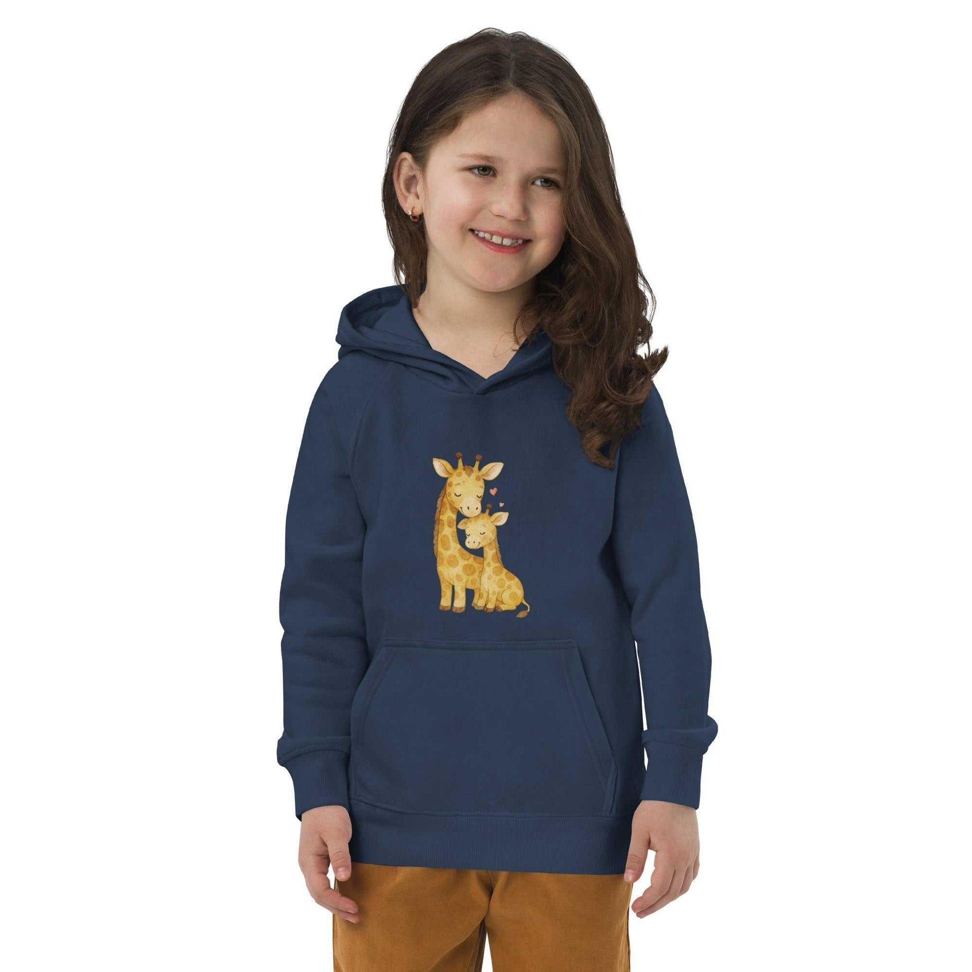 Child wearing navy kids eco hoodie with mom and baby giraffe print. Made from organic cotton, ideal for warmth and comfort.