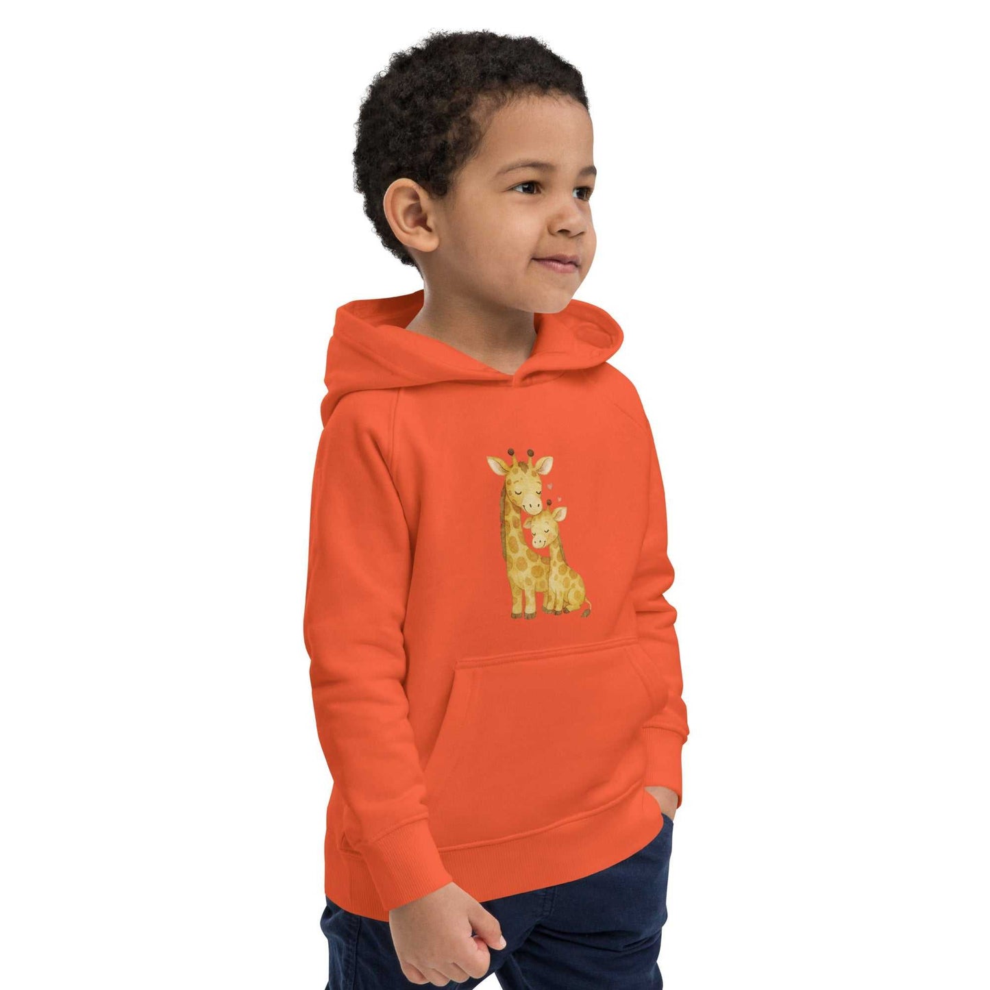Side view of orange kids eco hoodie with giraffe print. Organic cotton hoodie for kids, ideal for eco-friendly fashion.