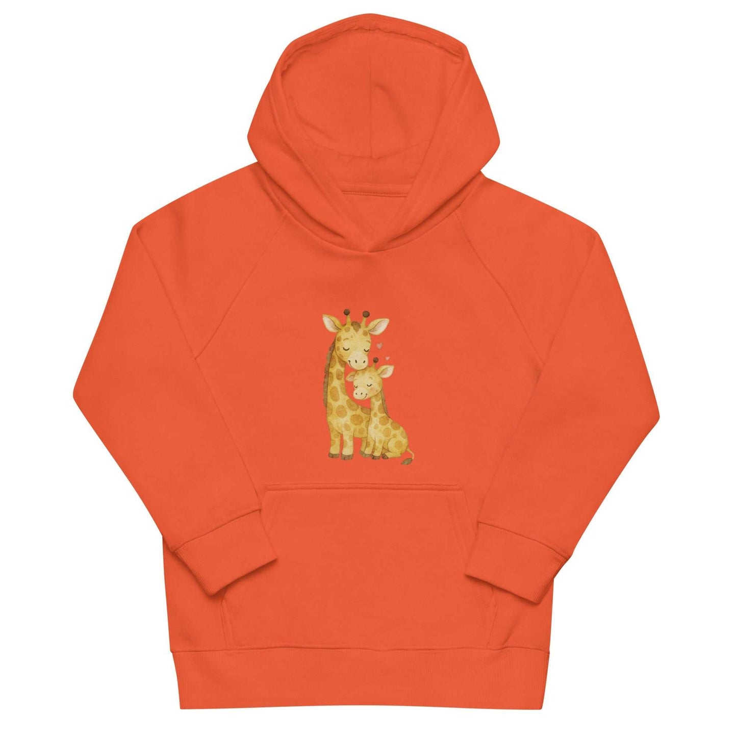Orange kids eco hoodie with adorable mom and baby giraffe artwork. Made from organic cotton, ideal for eco-conscious families.