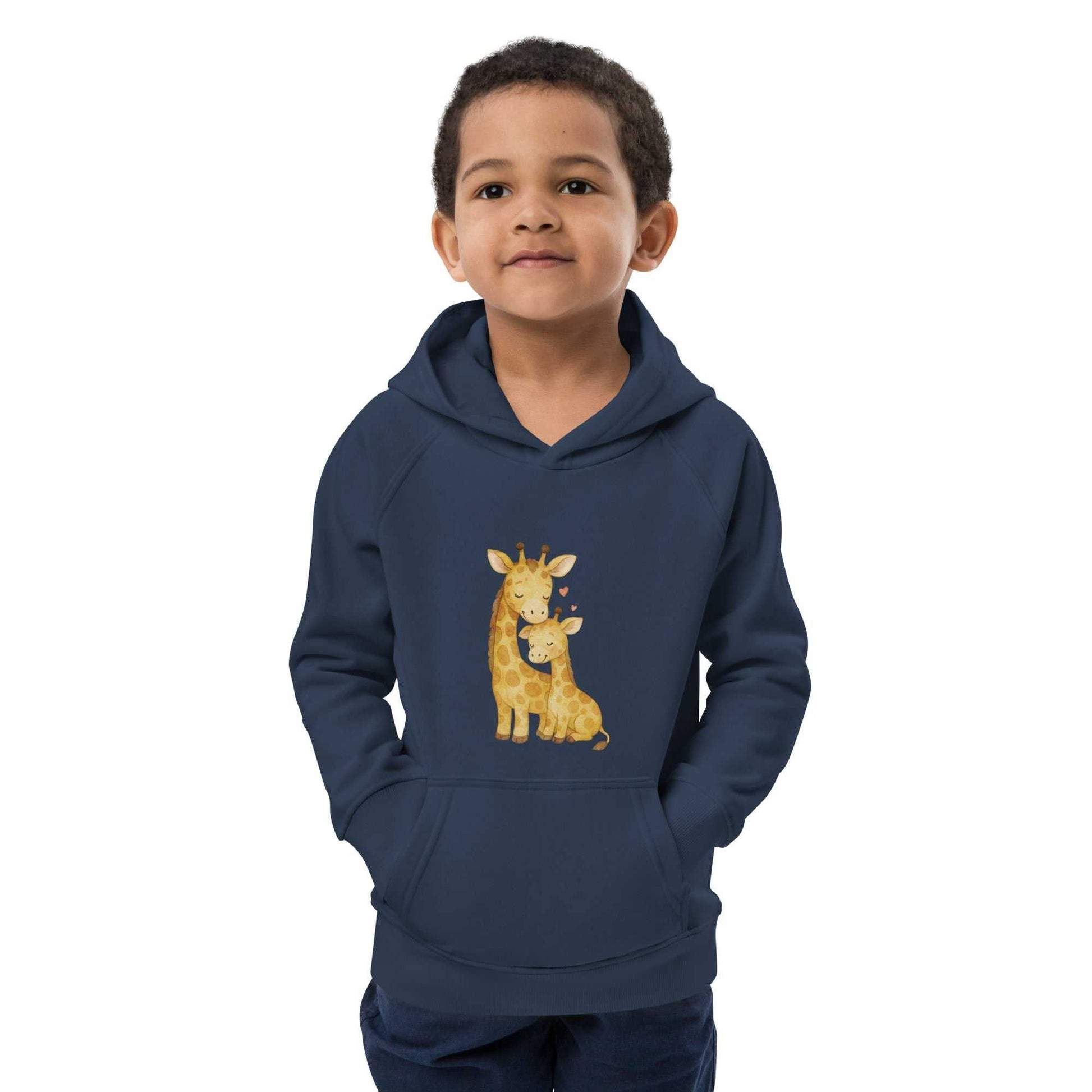 Front view of navy kids eco hoodie with mom & baby giraffe design. Warm, regular fit hoodie made from organic cotton.