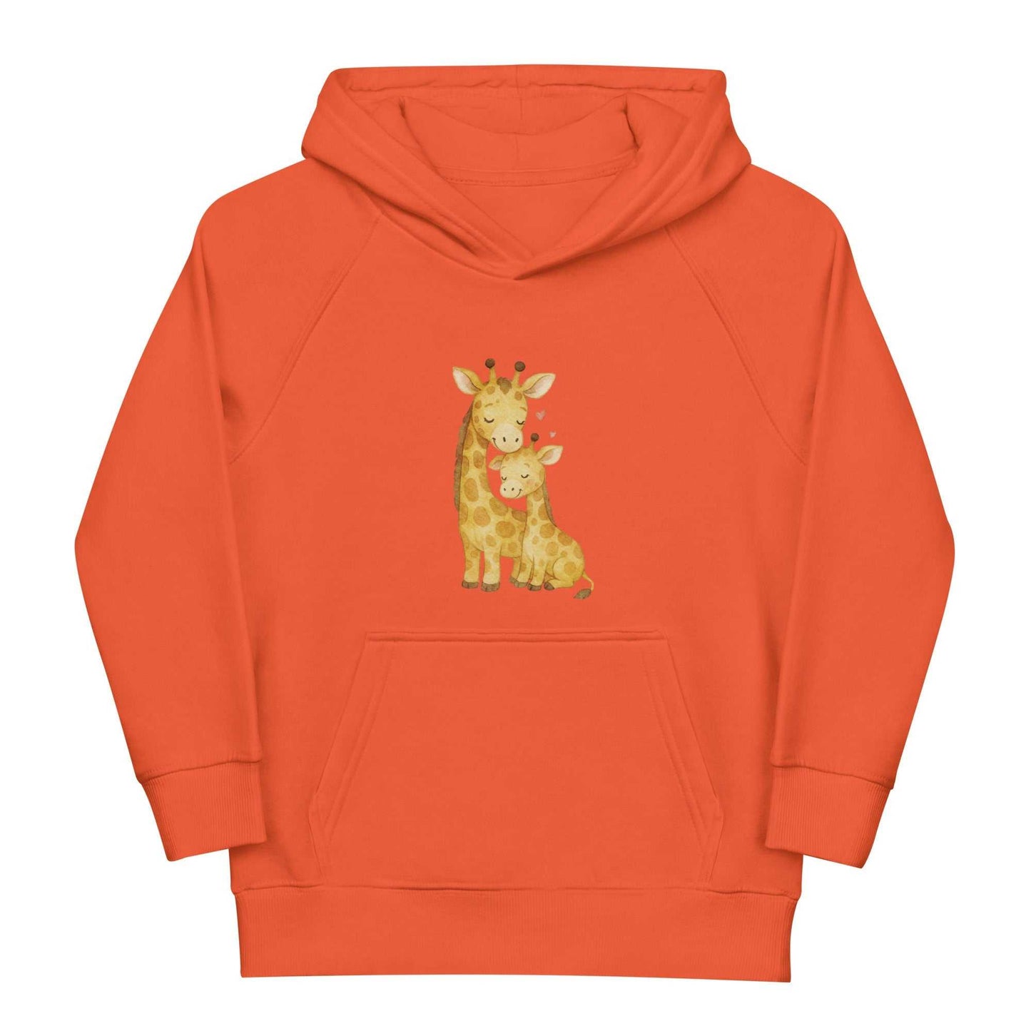 Flat orange kids eco hoodie with mom and baby giraffe illustration. Eco-friendly and soft, perfect for children's activewear.