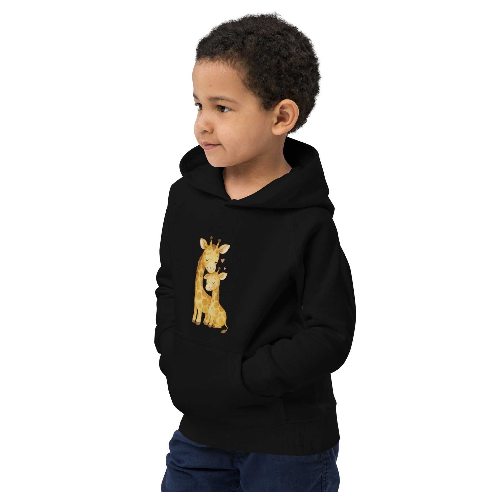 Black kids eco hoodie with front pocket and giraffe print, made from organic cotton. Ideal for eco-conscious children's fashion.