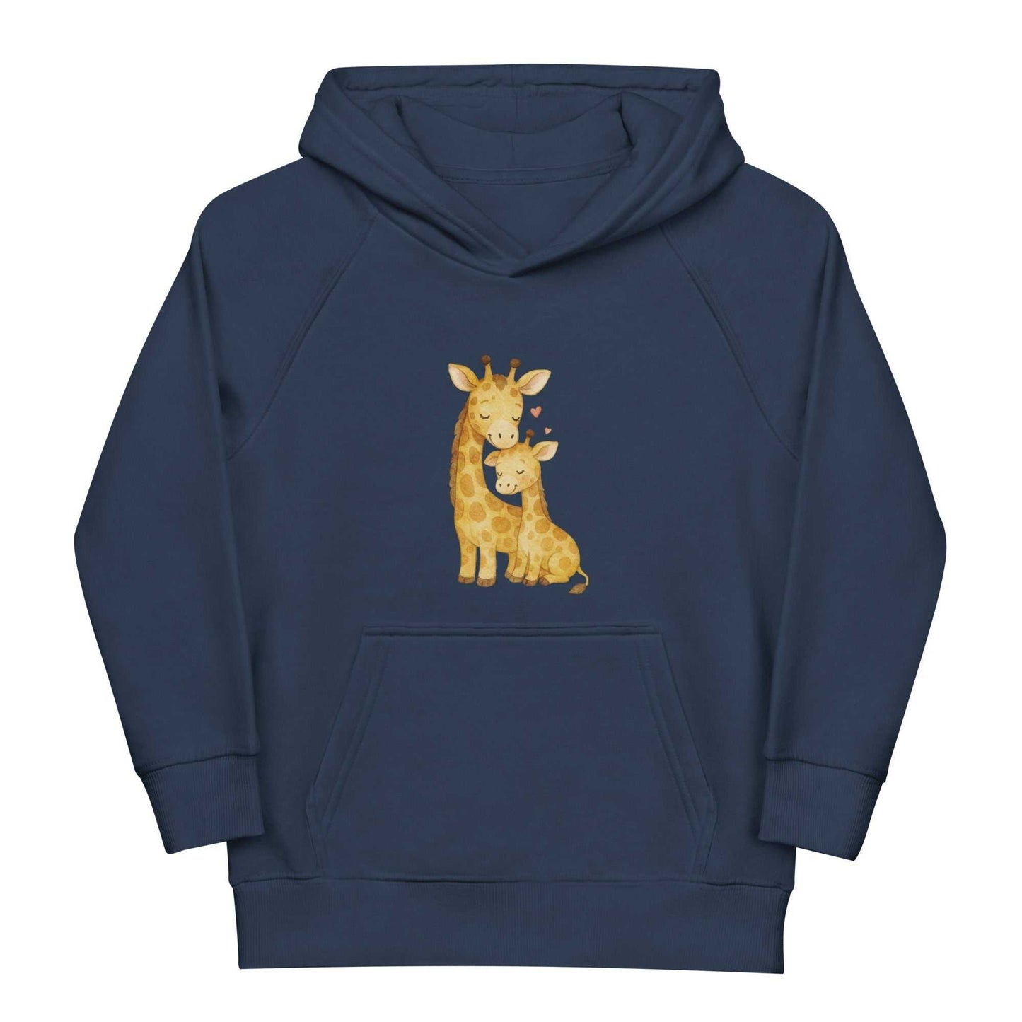 Flat lay of navy kids eco hoodie with giraffe family print. Organic cotton hoodie offering warmth and a regular fit for kids.