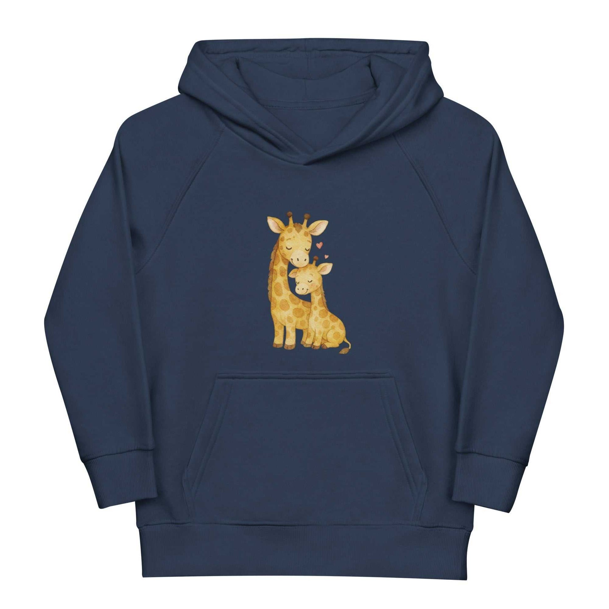 Flat lay of navy kids eco hoodie with giraffe family print. Organic cotton hoodie offering warmth and a regular fit for kids.