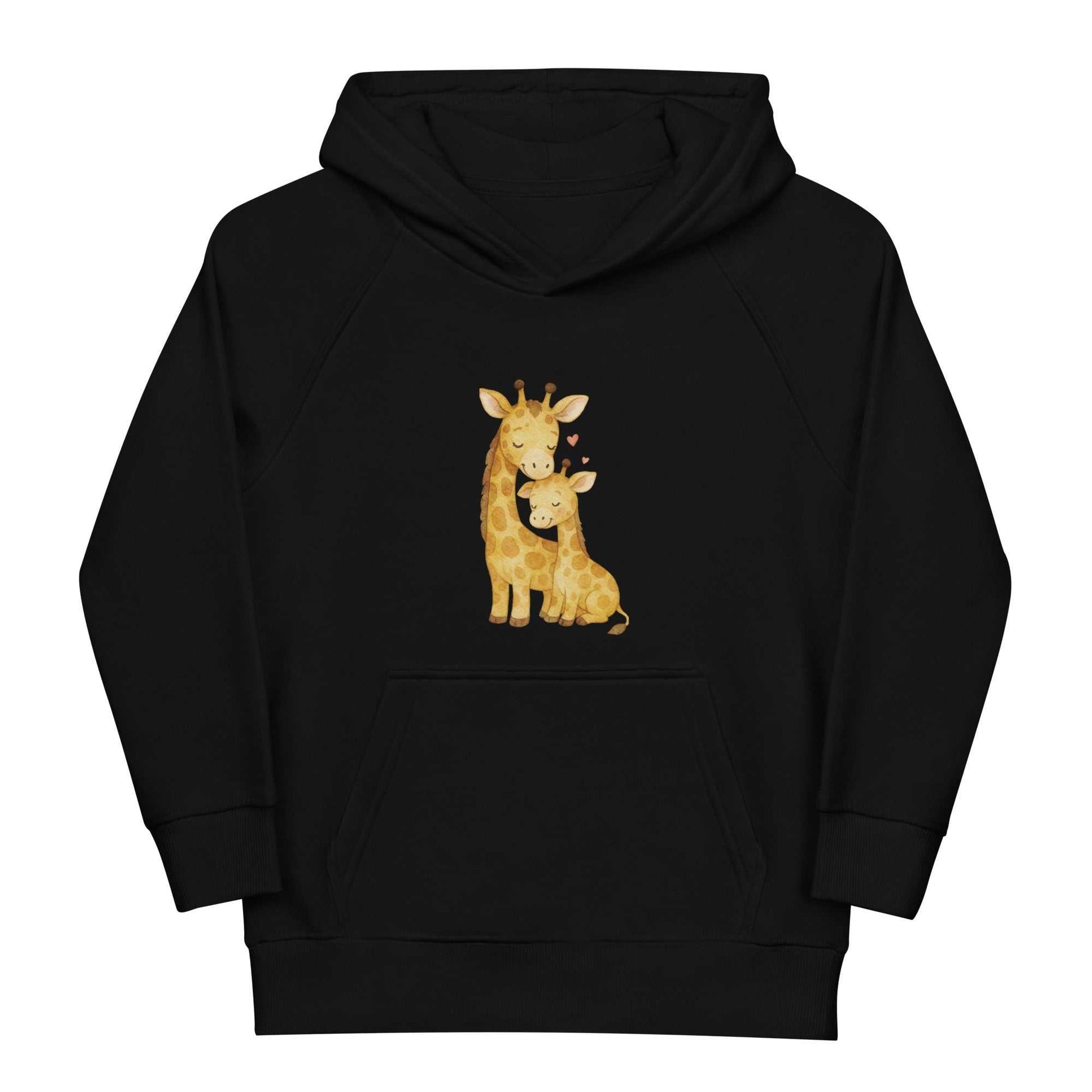 Black kids eco hoodie laid flat, showcasing mom and baby giraffe design. Organic cotton, warm and comfortable for everyday wear.