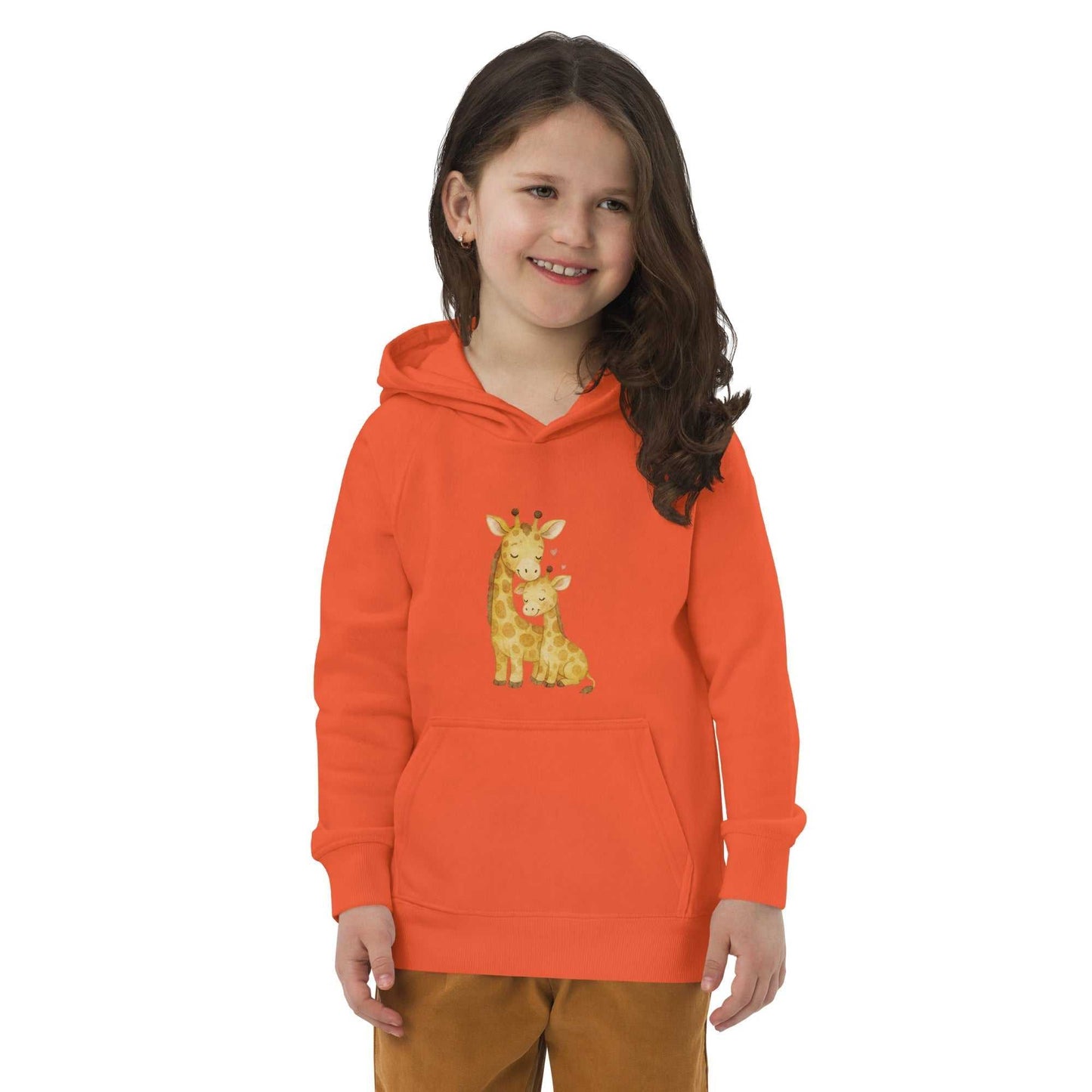 Kids eco hoodie in orange with mom & baby giraffe design, made from organic cotton. Warm, regular fit hoodie for children in activewear category.