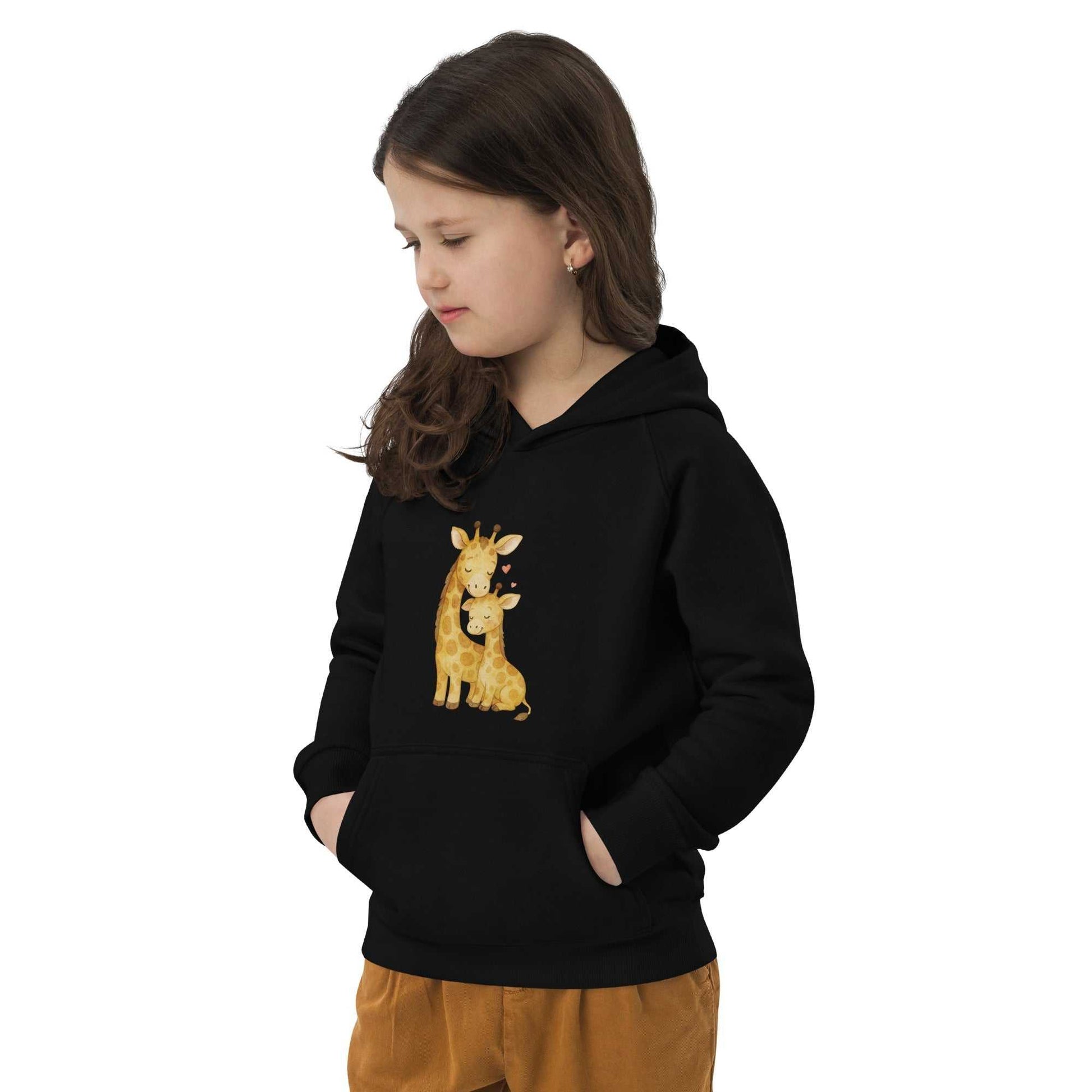 Child in black kids eco hoodie with hands in pocket, giraffe design visible. Warm, organic cotton hoodie for everyday wear.