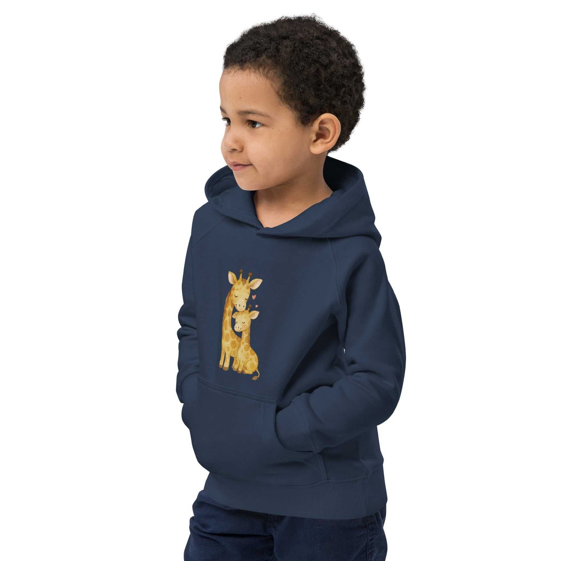 Navy kids eco hoodie with kangaroo pocket and giraffe design. Organic cotton hoodie for kids, perfect for casual wear.