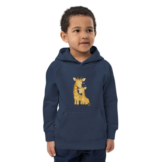 Navy kids eco hoodie with mom & baby giraffe design, made from organic cotton. Eco-friendly and cozy hoodie for kids.