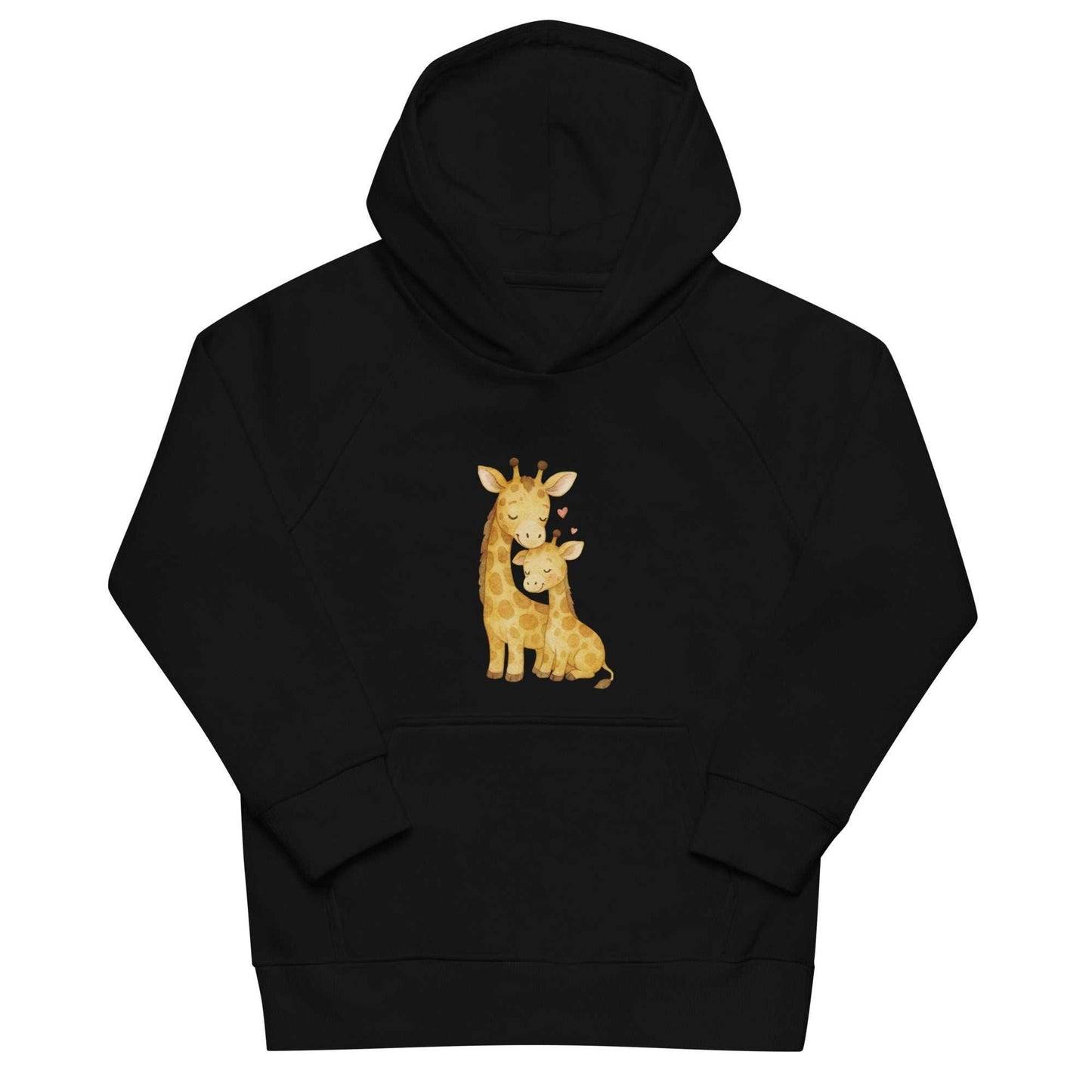 Kids eco hoodie in black with mom and baby giraffe design, made from organic cotton. Warm, regular fit hoodie for children.