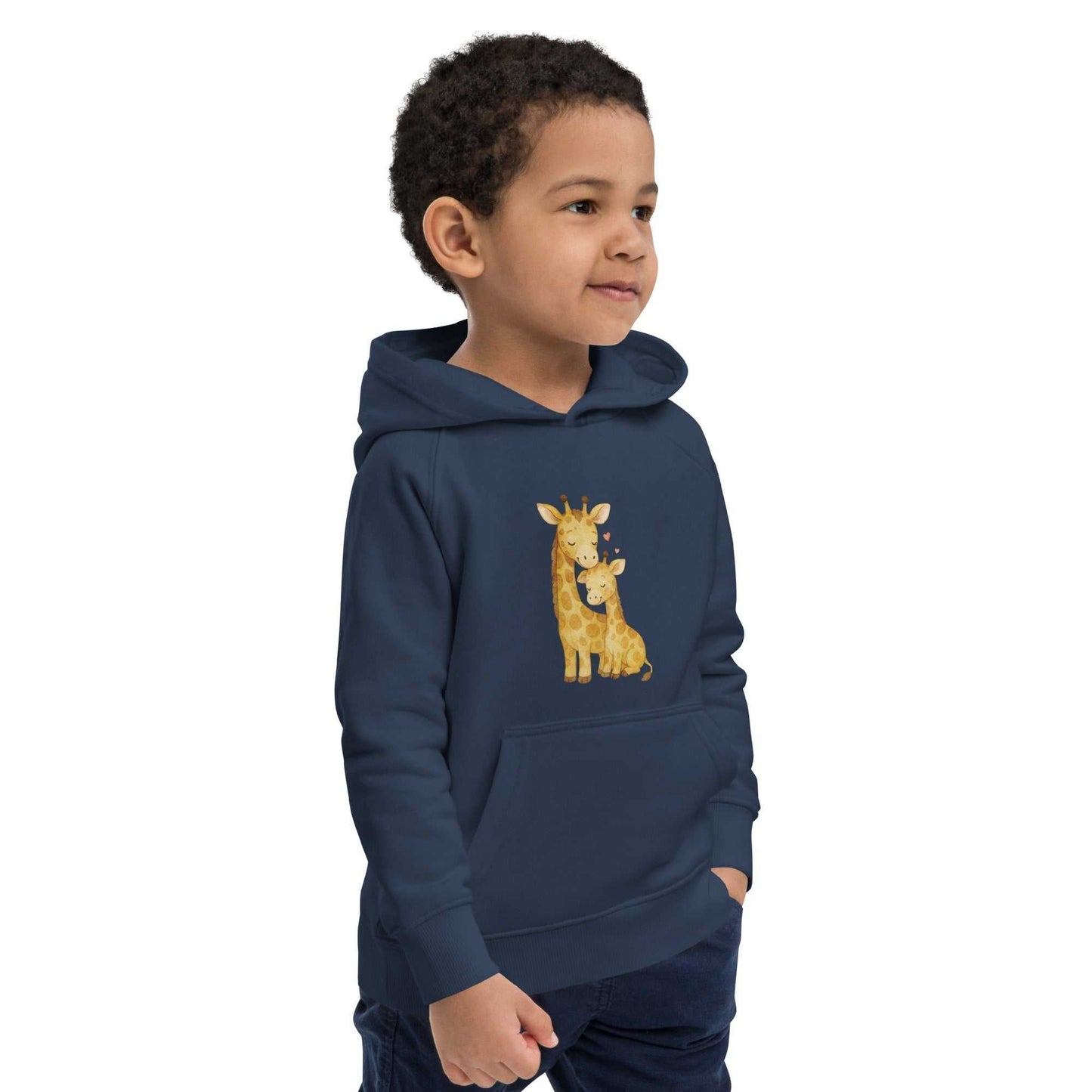 Side view of navy blue kids eco hoodie with giraffe print. Organic cotton hoodie offering warmth and comfort for children.