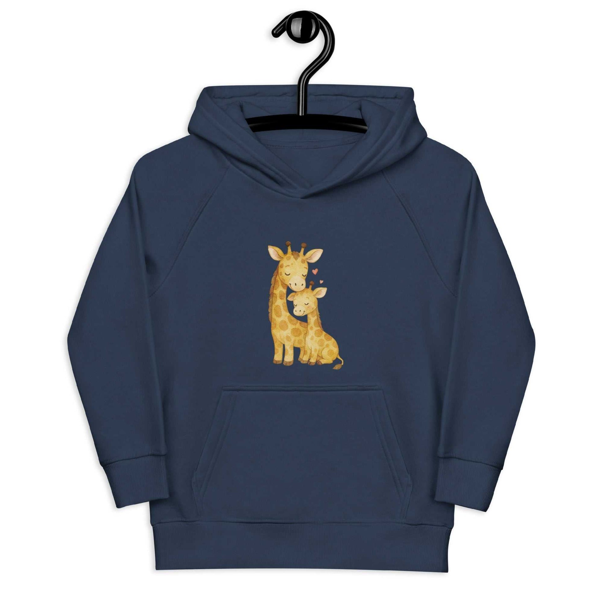 Navy kids eco hoodie on hanger featuring mom and baby giraffe. Organic cotton hoodie with warm, regular fit for children.