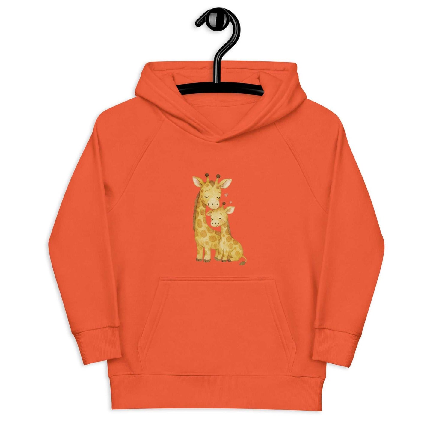 Orange kids eco hoodie on hanger with cute giraffe design. Eco-friendly hoodie made from organic cotton for kids' comfort.