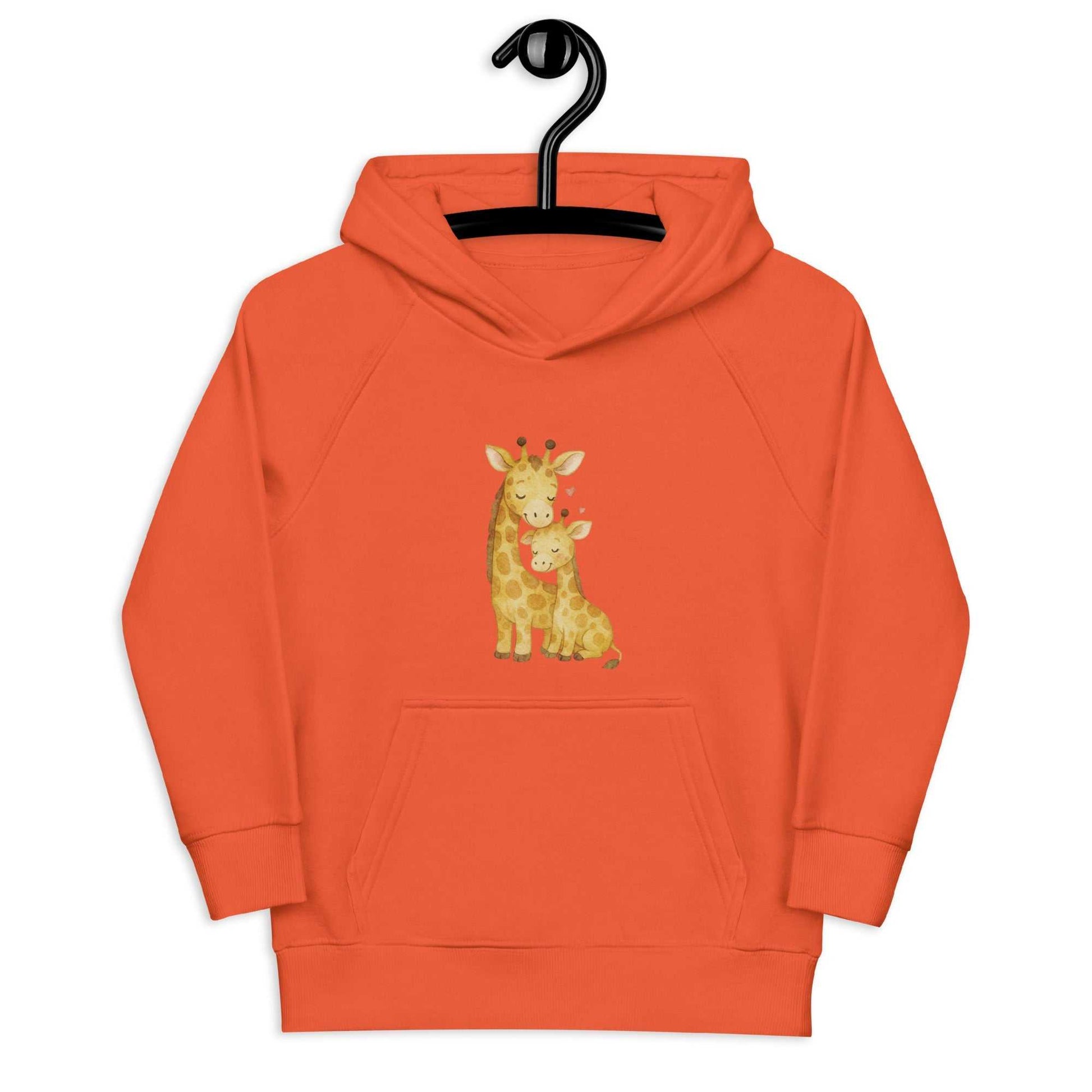 Orange kids eco hoodie on hanger with cute giraffe design. Eco-friendly hoodie made from organic cotton for kids' comfort.