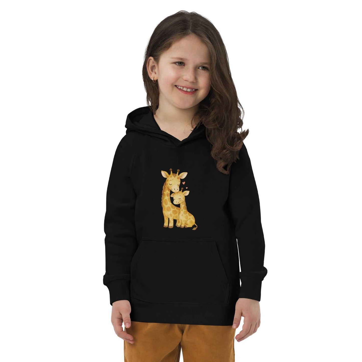 Child wearing black kids eco hoodie with mom and baby giraffe print. Organic cotton hoodie with warm, regular fit for kids.