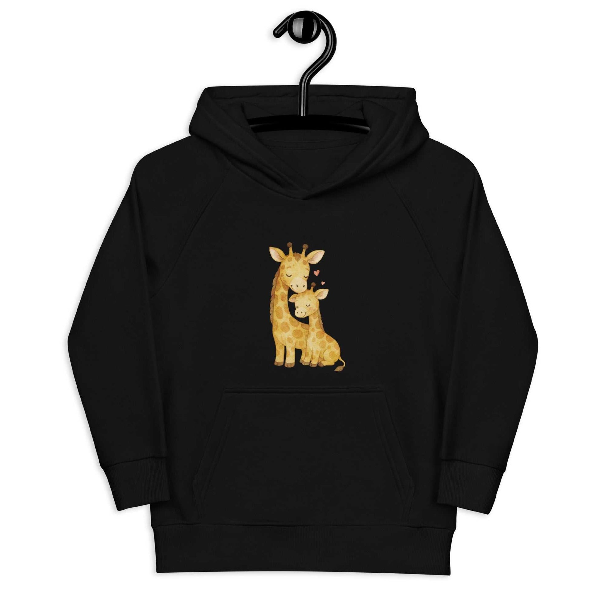 Black kids eco hoodie on hanger with giraffe family design. Sustainable organic cotton hoodie with a cozy fit for kids.
