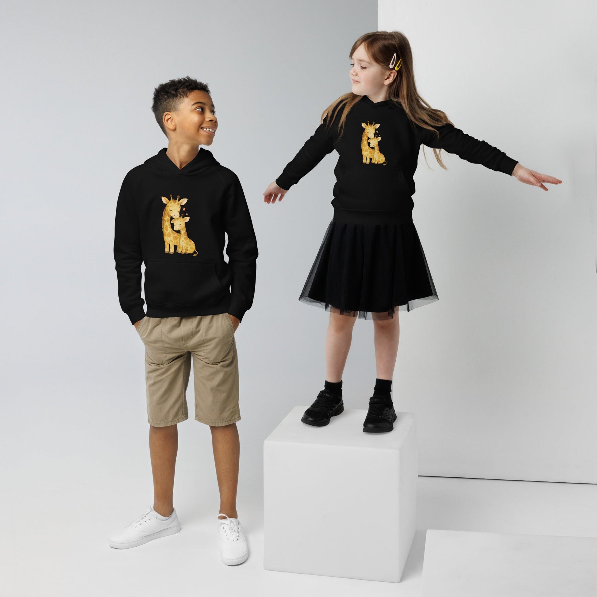 Kids eco hoodie - Mom & Baby Giraffe design - HenryPawHaven