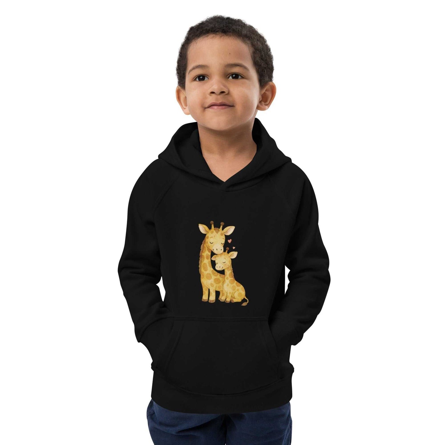 Front view of black kids eco hoodie with giraffe design, organic cotton. Sustainable and warm hoodie for everyday wear.