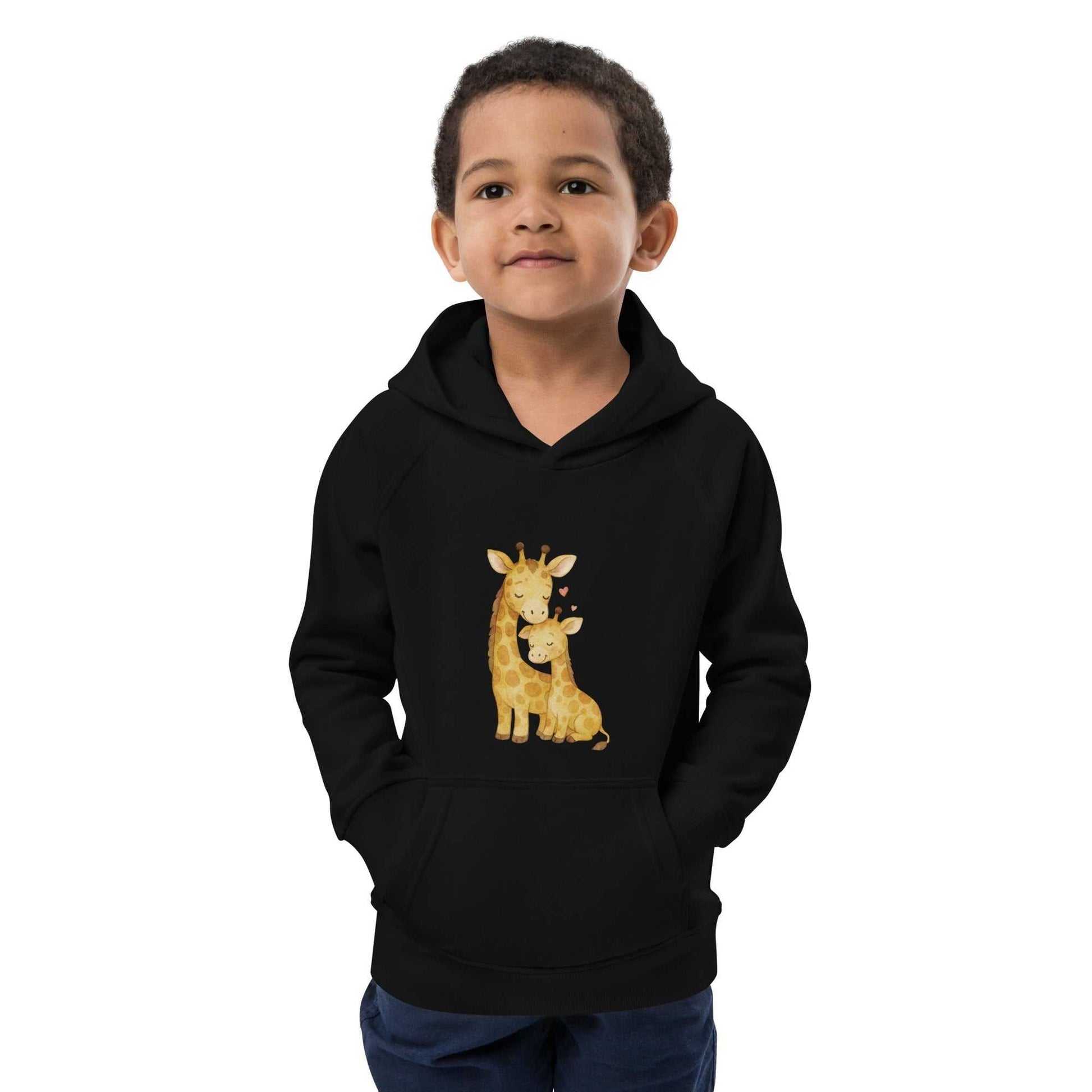 Front view of black kids eco hoodie with giraffe design, organic cotton. Sustainable and warm hoodie for everyday wear.