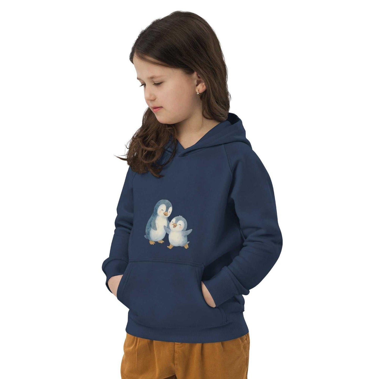 Eco-friendly navy kids hoodie made from organic cotton with adorable penguin illustration, ideal for casual outfits