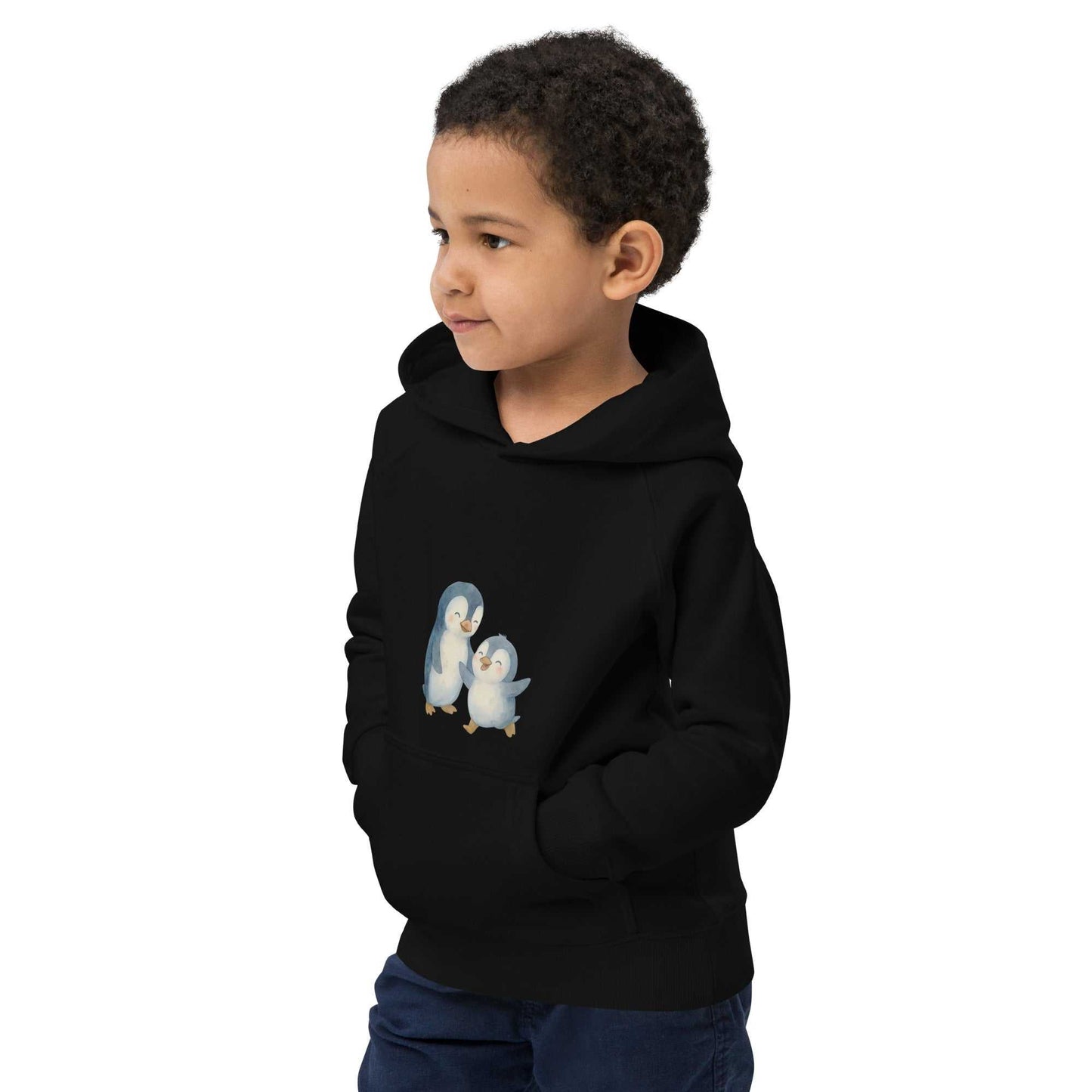 Black kids hoodie made from organic cotton with adorable penguin illustration, ideal for eco-conscious families seeking comfort and style.