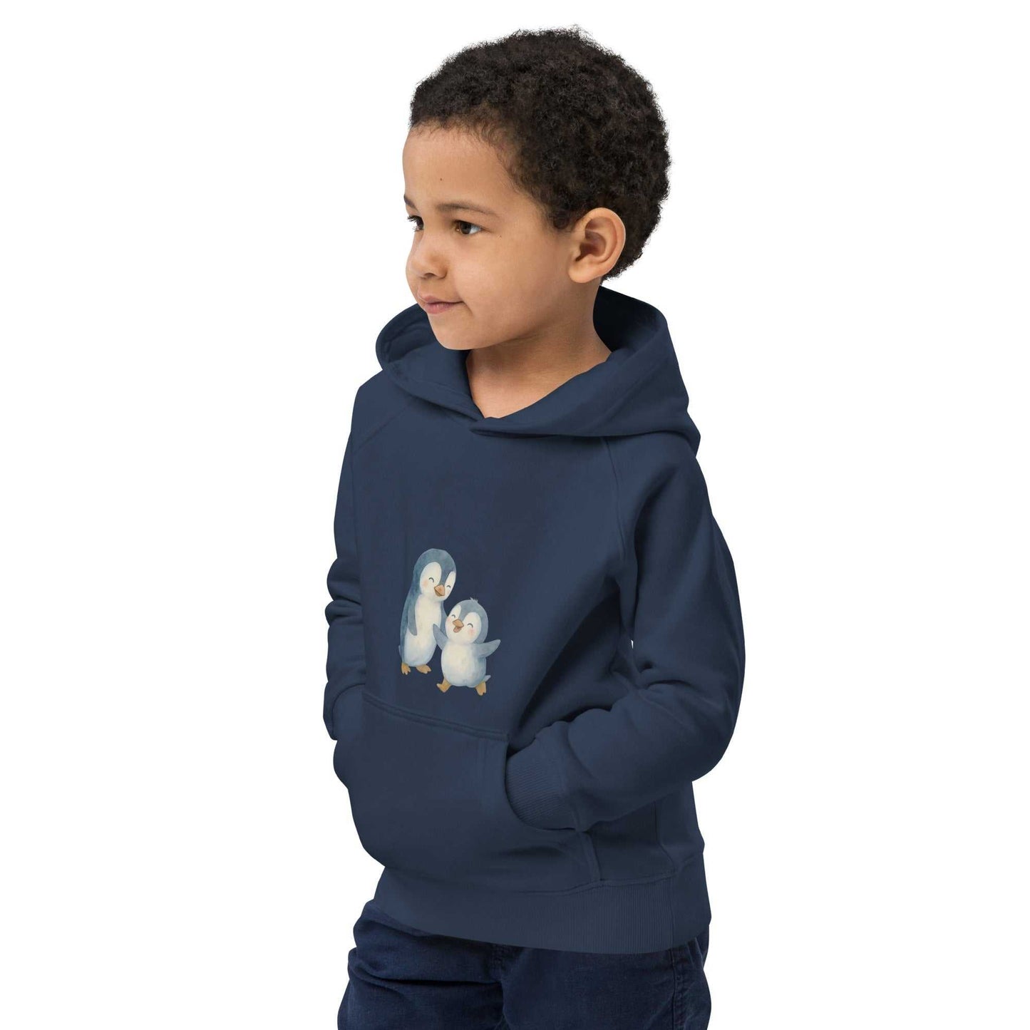 Side view of navy organic cotton kids hoodie featuring charming penguin design, soft and eco-friendly for active kids.