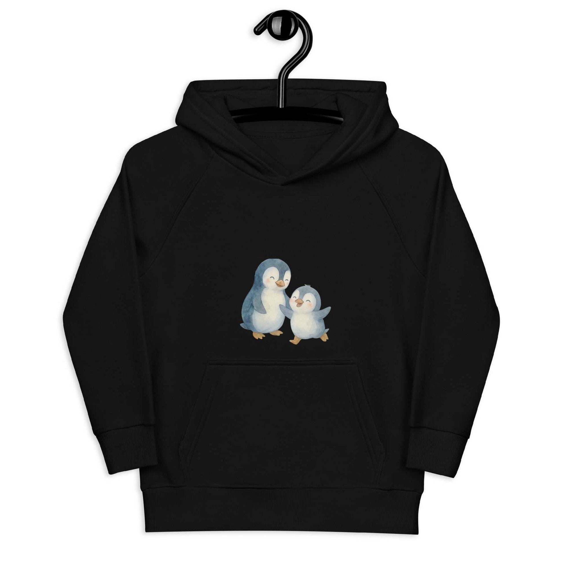 Black organic cotton kids hoodie on hanger with penguin design, sustainable and stylish option in children’s activewear.