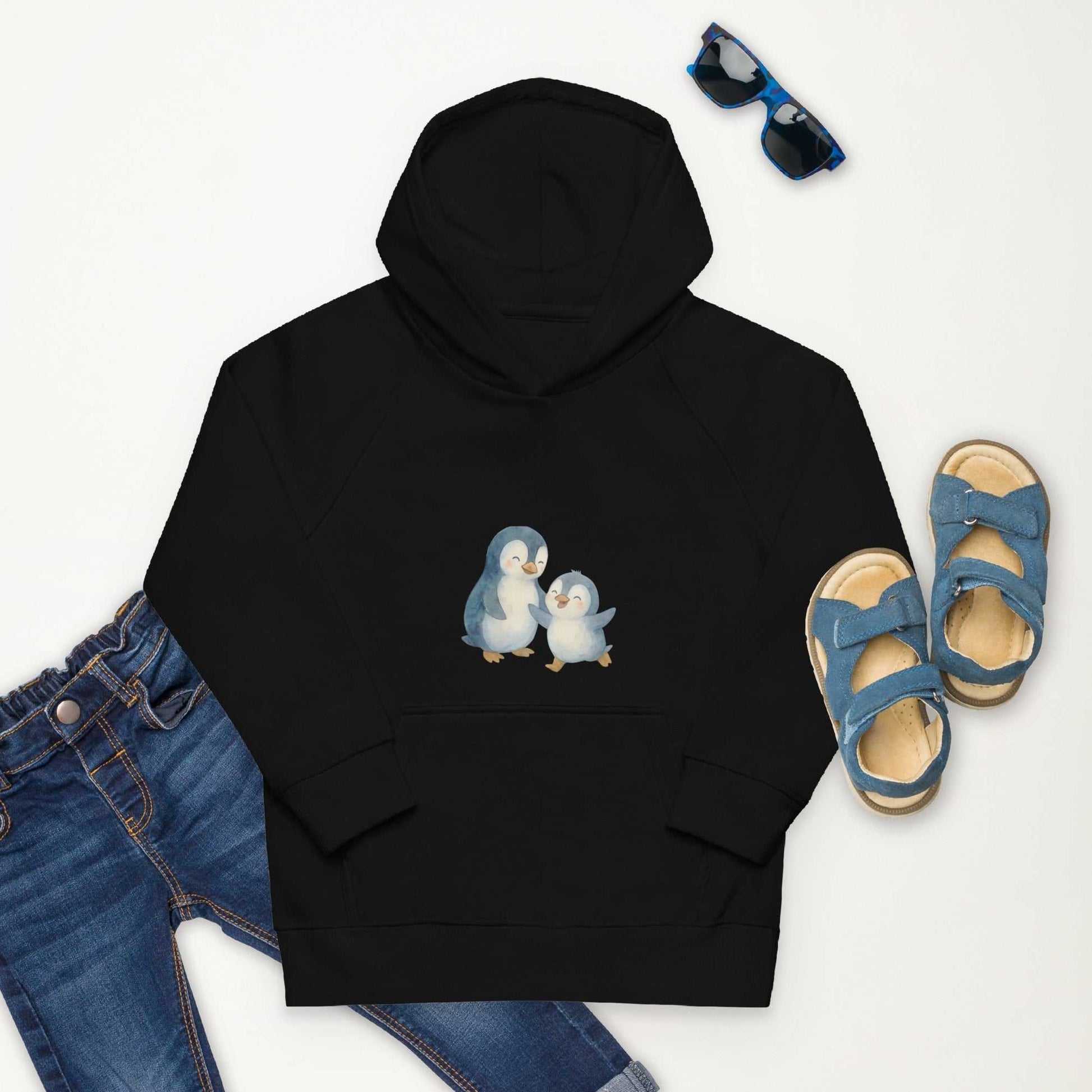 Flat lay of black Organic Cotton Kids Hoodie with penguin design, styled with jeans and sandals for casual kidswear
