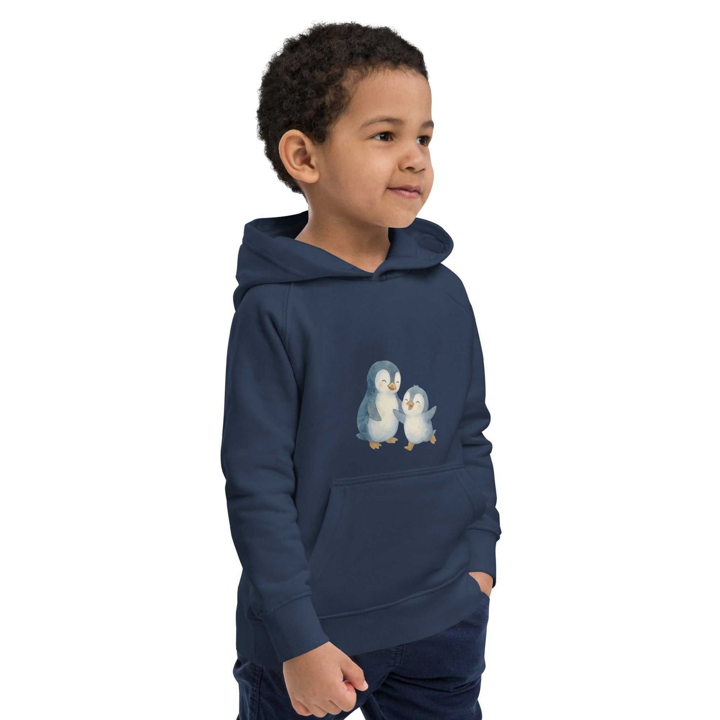 Navy blue organic cotton kids hoodie with mom and baby penguin artwork, warm and breathable activewear for children.