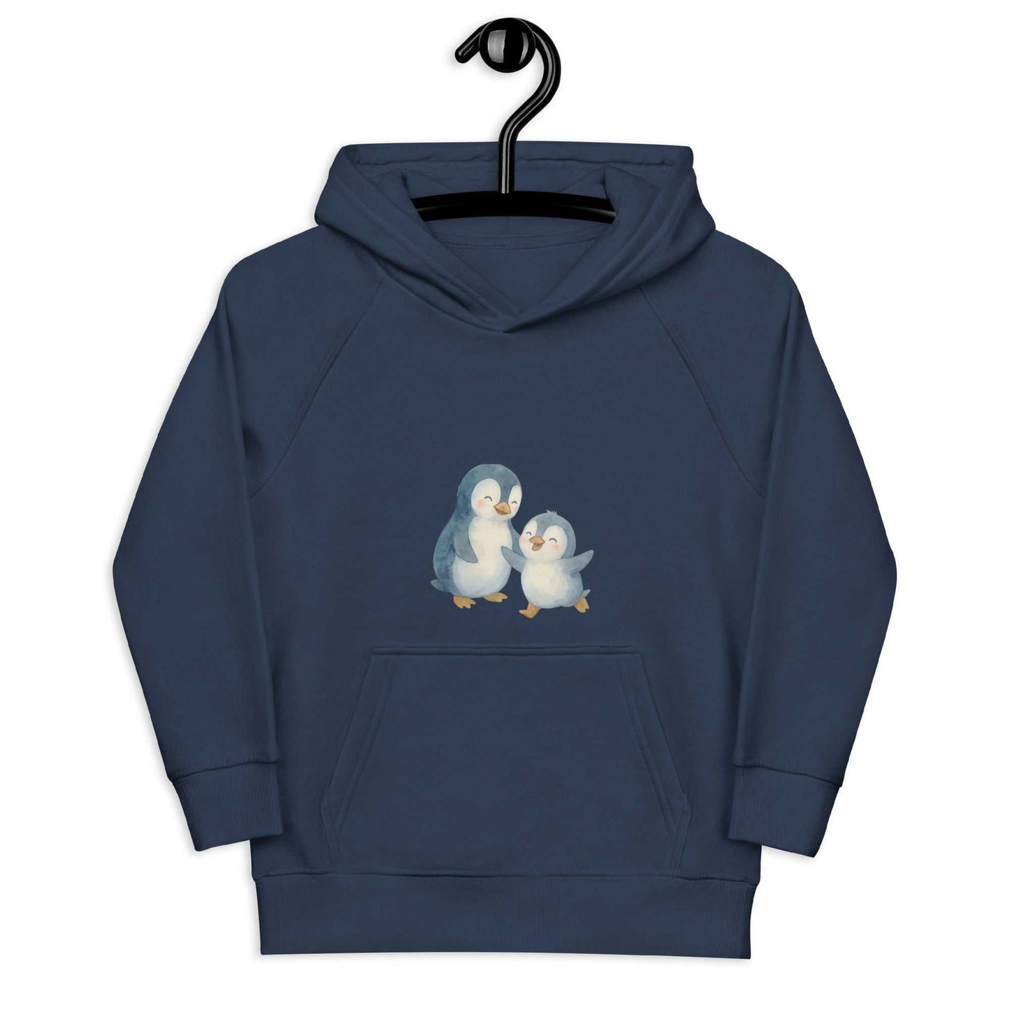 Navy organic cotton kids hoodie displayed on hanger, featuring cute mom and baby penguin print for eco-friendly fashion.