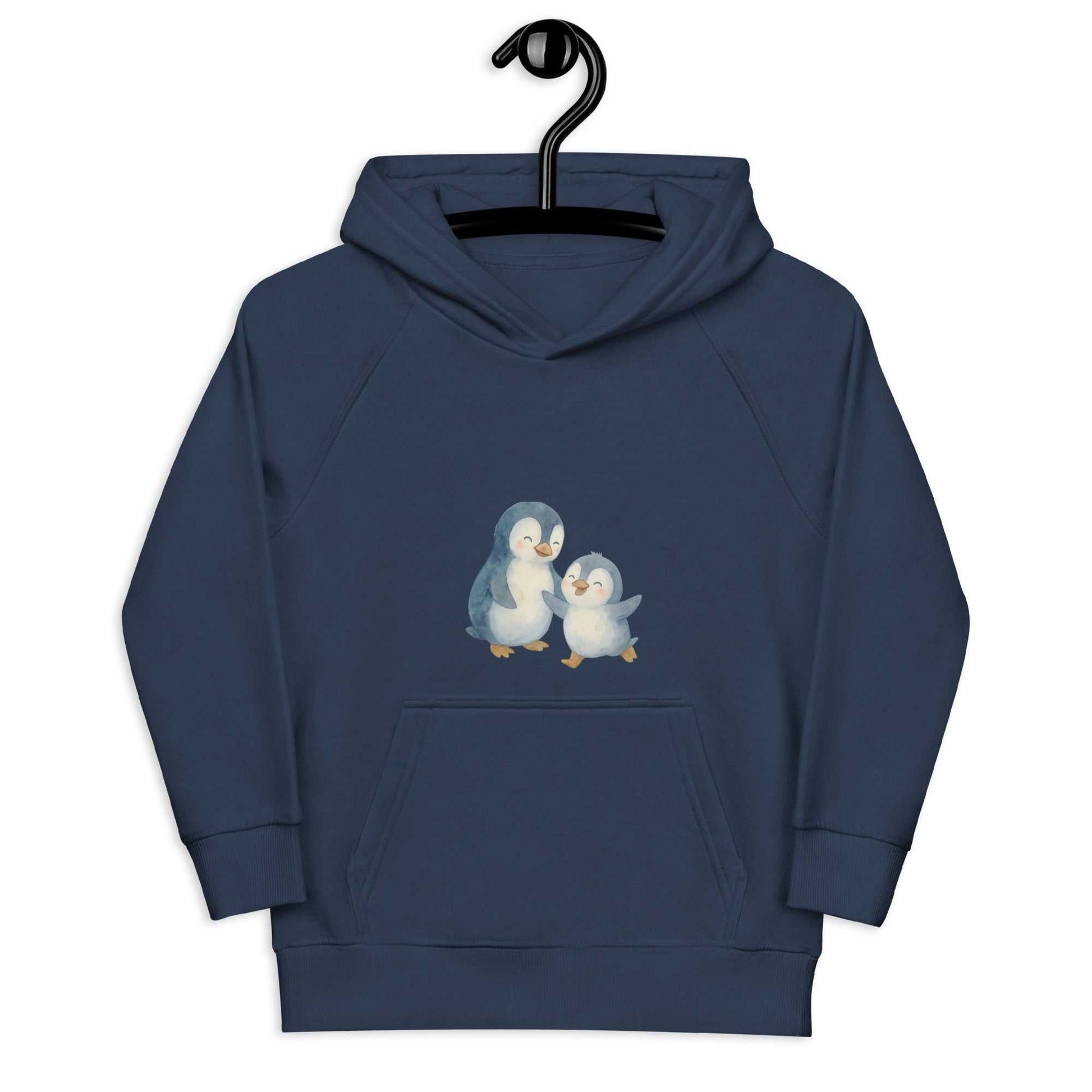 Navy organic cotton kids hoodie displayed on hanger, featuring cute mom and baby penguin print for eco-friendly fashion.