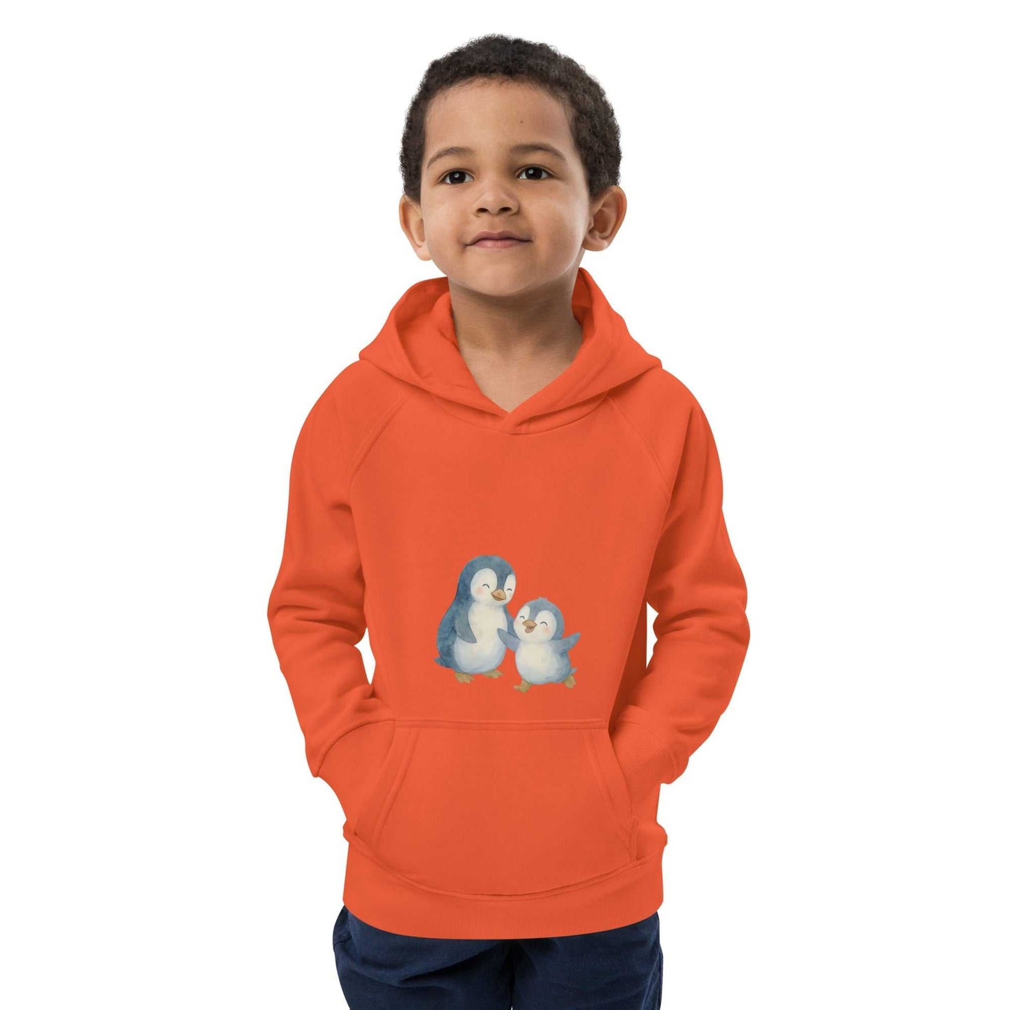 Orange organic cotton hoodie for children with adorable penguin illustration, soft and warm for everyday comfort.