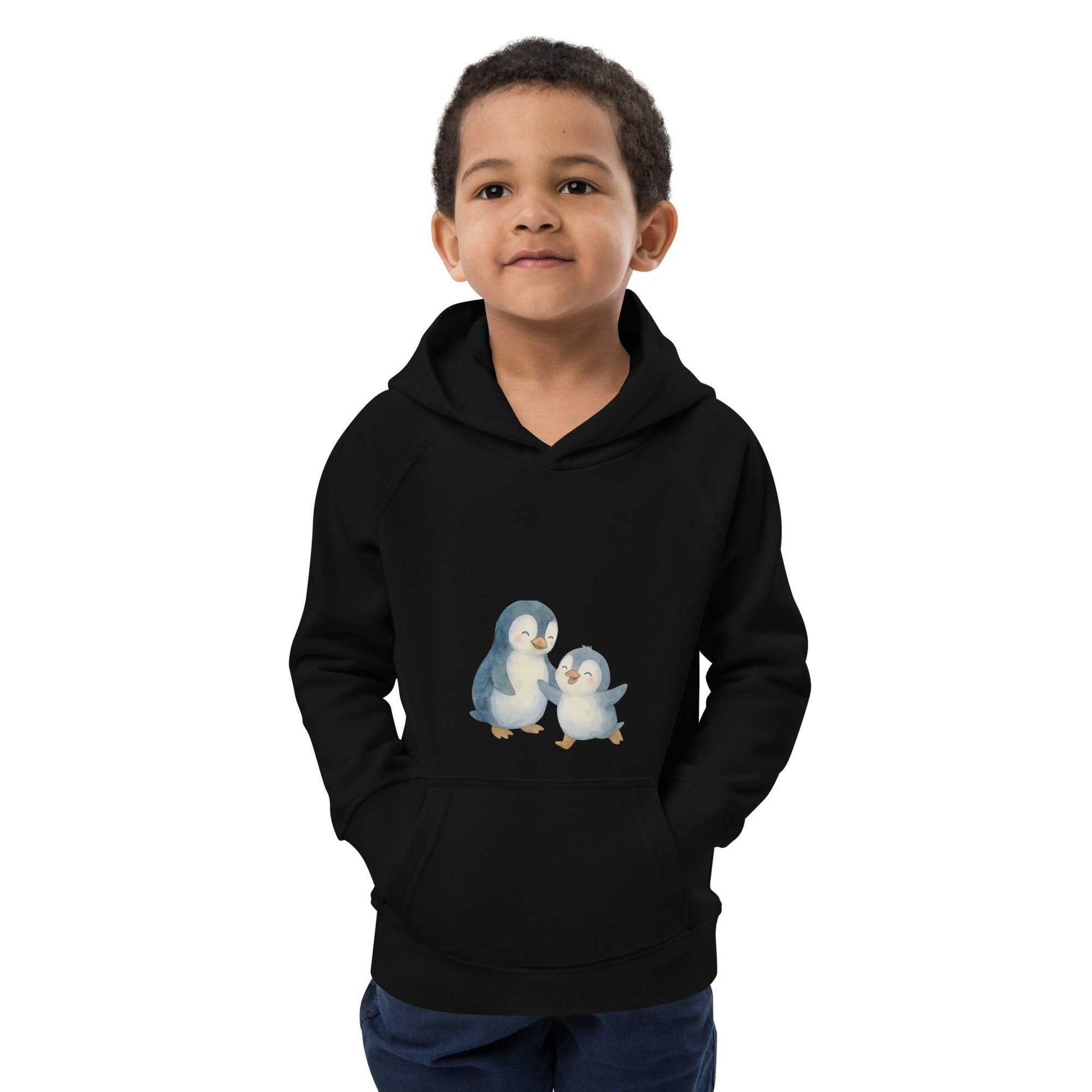 Organic cotton kids hoodie in black with cute mom and baby penguin design, cozy and eco-friendly activewear for children.