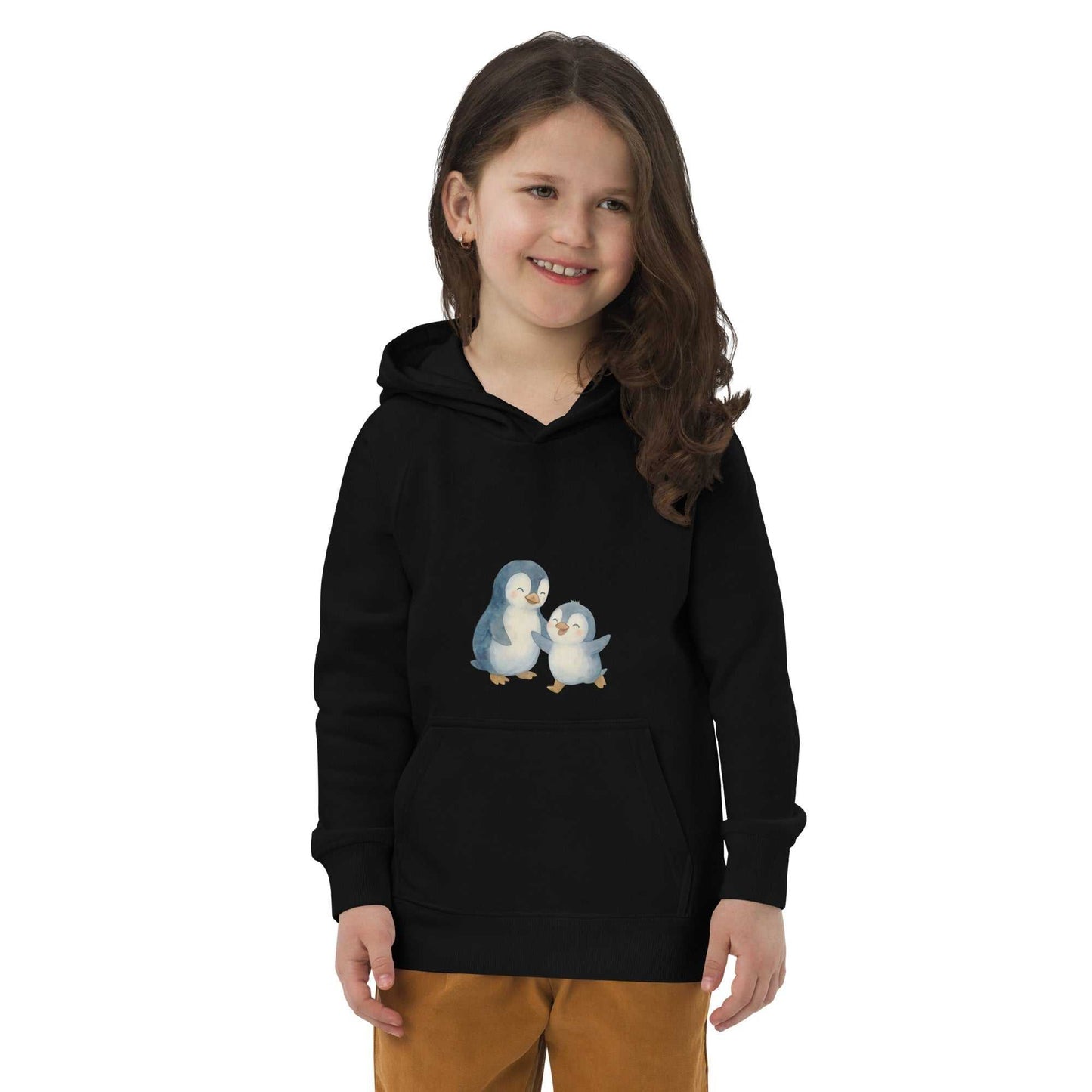 Black organic cotton hoodie for girls with mom and baby penguin design, cozy and eco-friendly activewear for kids.