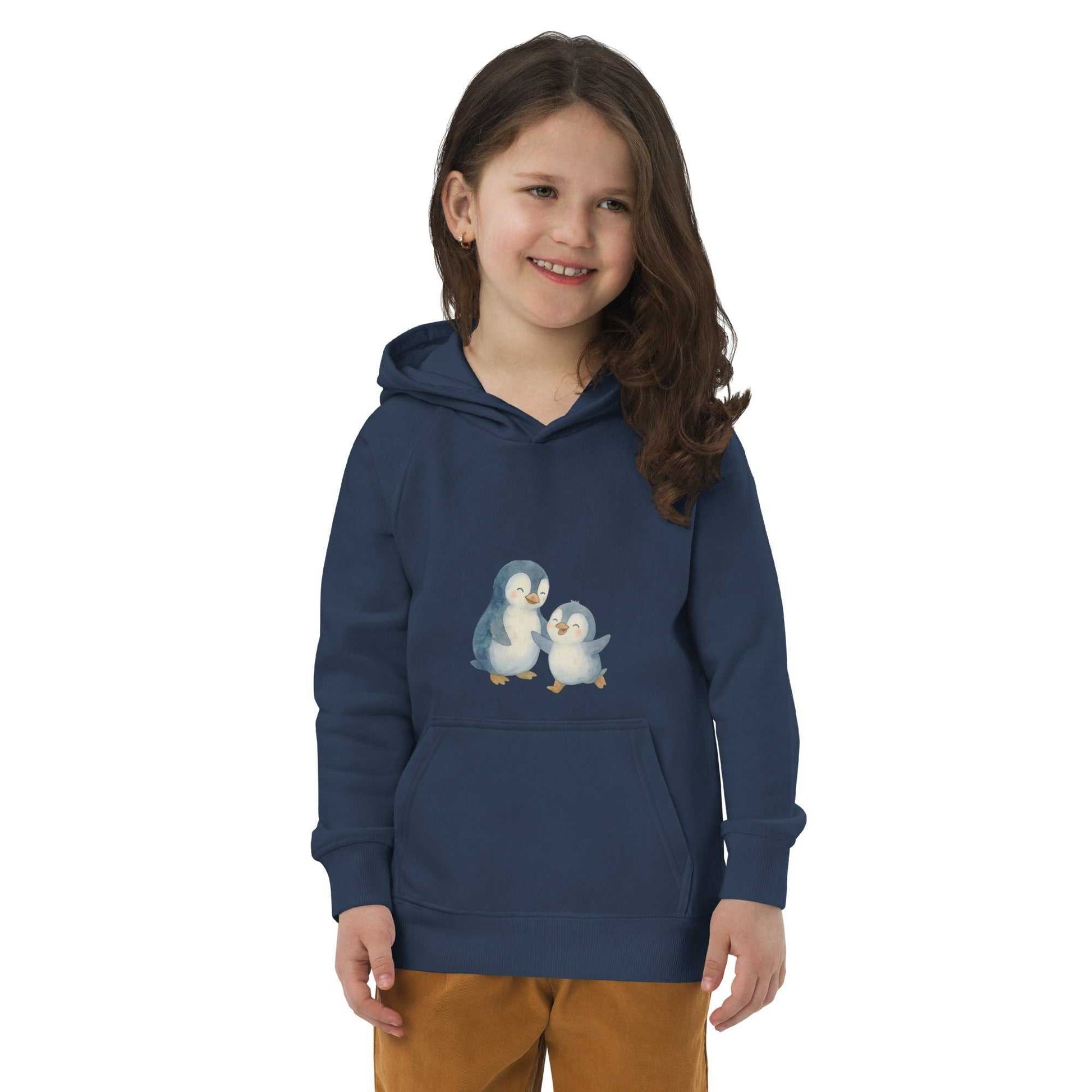 Organic Cotton Kids Hoodie in navy with mom and baby penguin print, cozy eco-friendly activewear for children