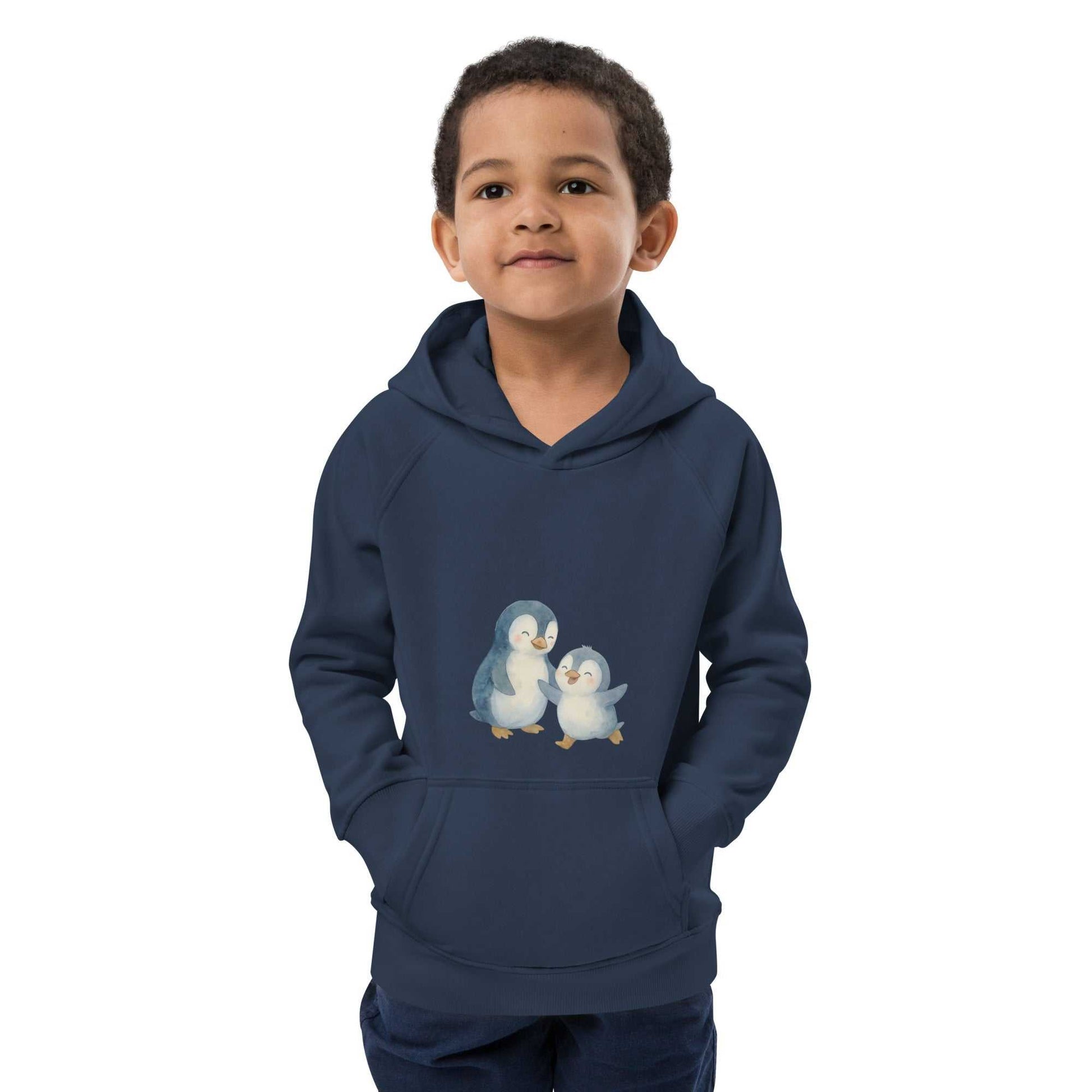 Front view of navy organic cotton hoodie for kids with cute penguin print, cozy and sustainable clothing choice.