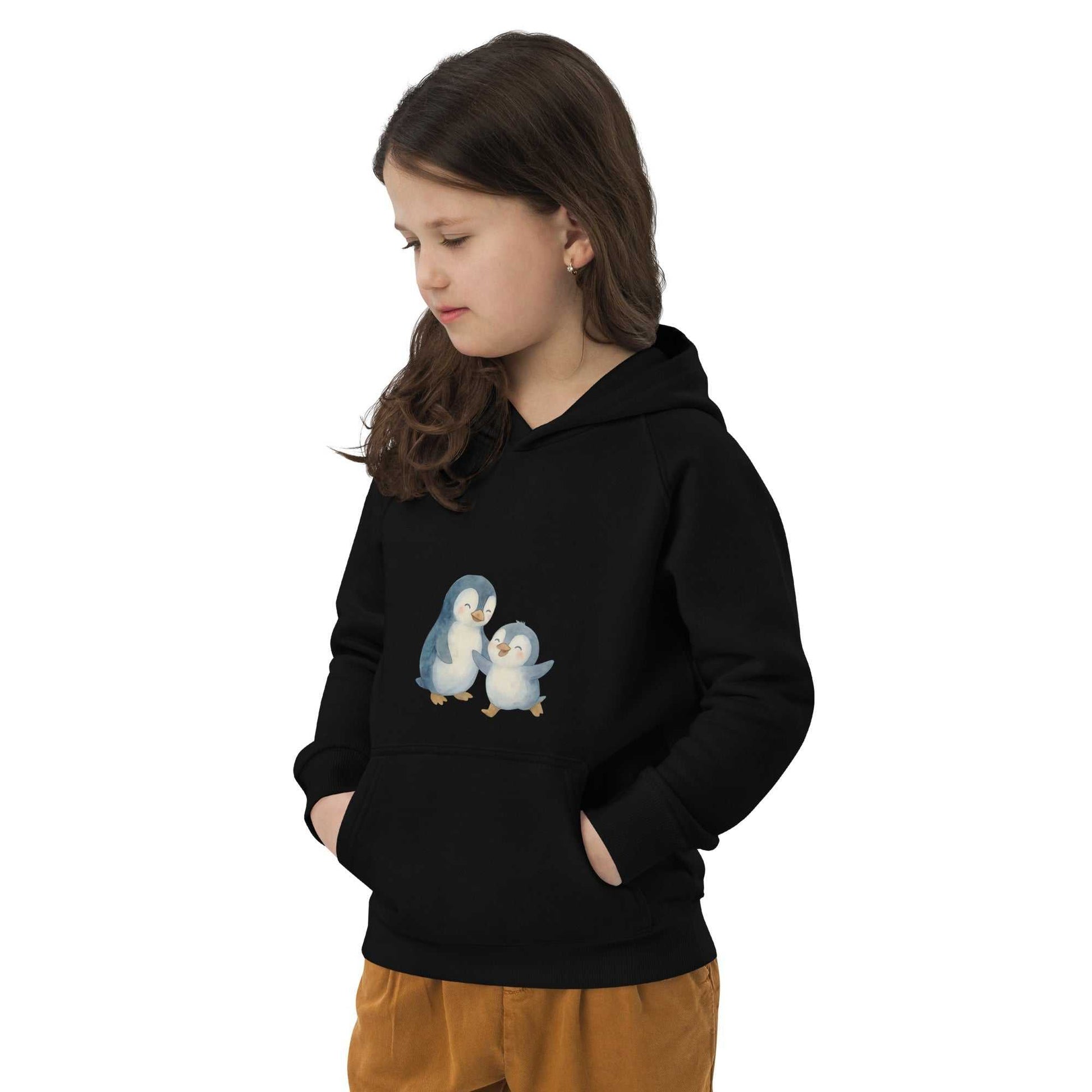 Side view of girl in black organic cotton kids hoodie featuring playful penguin design, ideal for comfort and eco-conscious style.