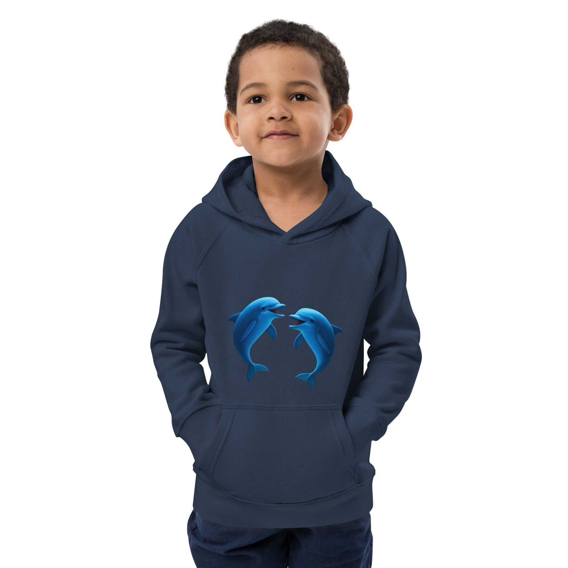 Kids eco hoodie in navy blue with playful dolphin print, made from organic cotton for young ocean lovers. Soft, durable, and GOTS certified.