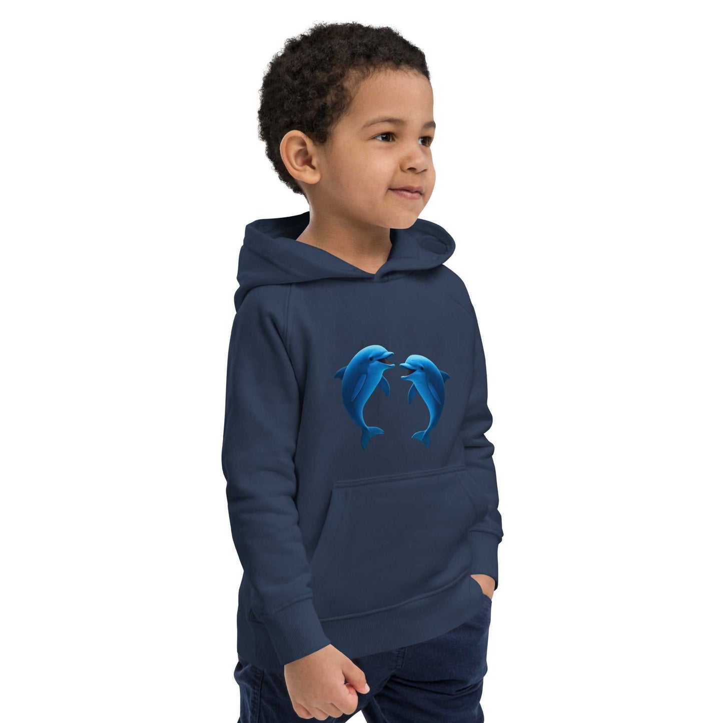 Side view of navy blue organic kids hoodie with dolphin design. Soft, durable, and ideal for young ocean lovers and eco-conscious families.