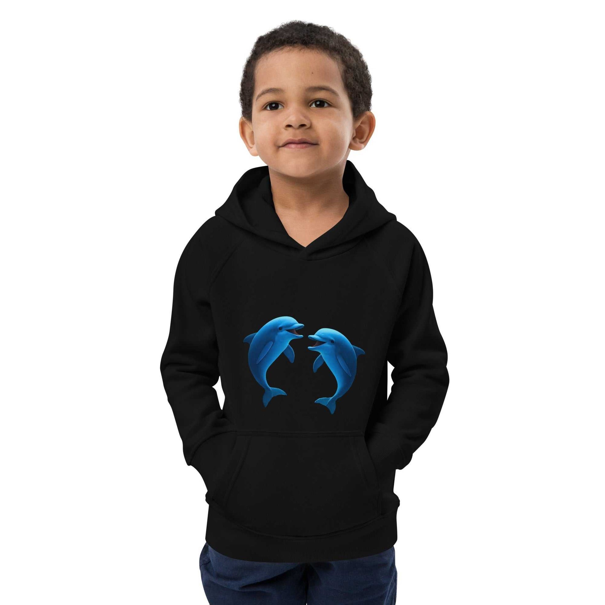 Front view of black kids dolphin hoodie made with organic cotton. Eco-conscious clothing for young ocean enthusiasts, GOTS certified.