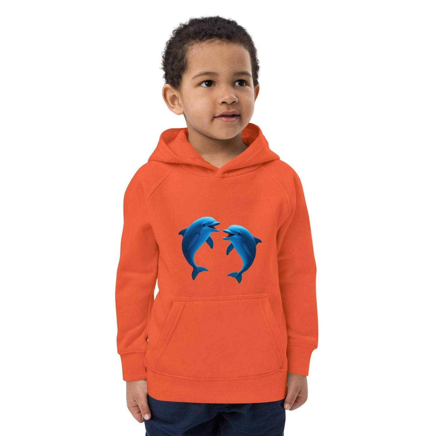 Bright orange kids dolphin hoodie made from organic cotton. Eco-friendly and fun activewear for young ocean lovers, GOTS certified.