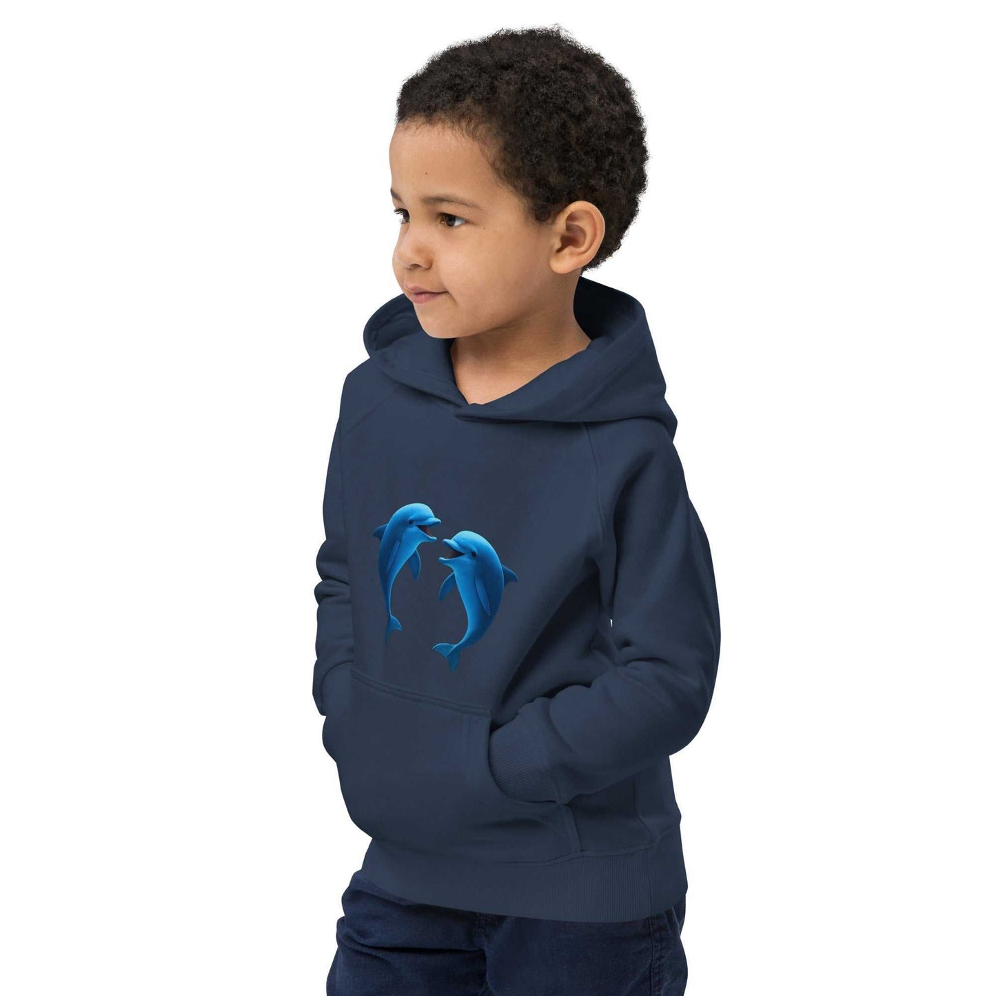 Eco-friendly navy kids hoodie with dolphin print, made from organic cotton. Comfortable and sustainable choice for children’s clothing.