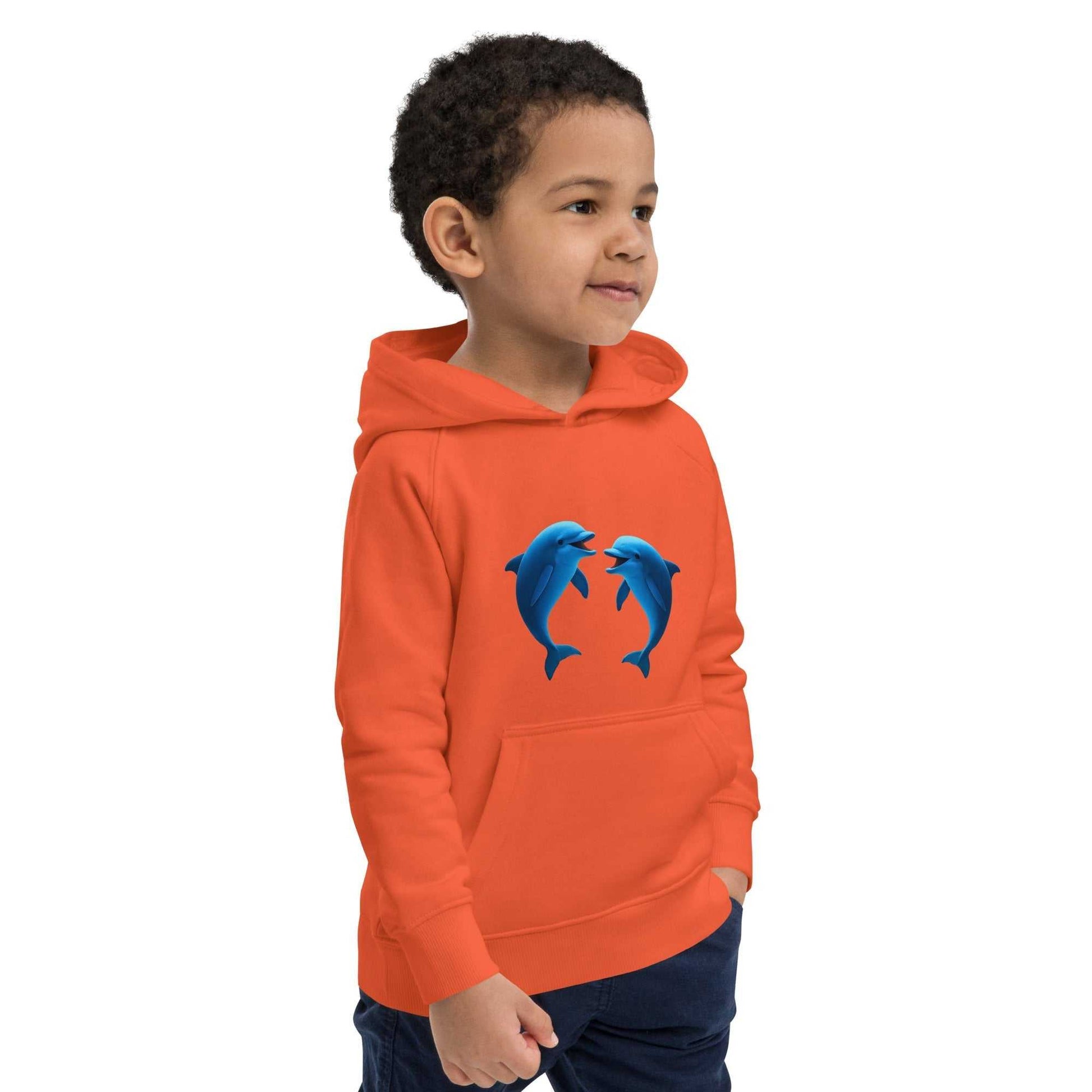 Side view of orange organic kids hoodie with dolphin design. Soft, durable, and perfect for eco-conscious families and playful kids.