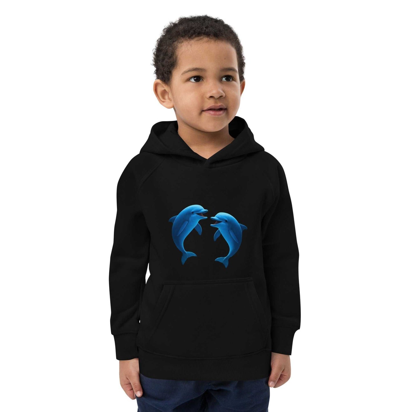 Black organic kids dolphin hoodie featuring two blue dolphins, eco-friendly and perfect for activewear. Comfortable and sustainably made.