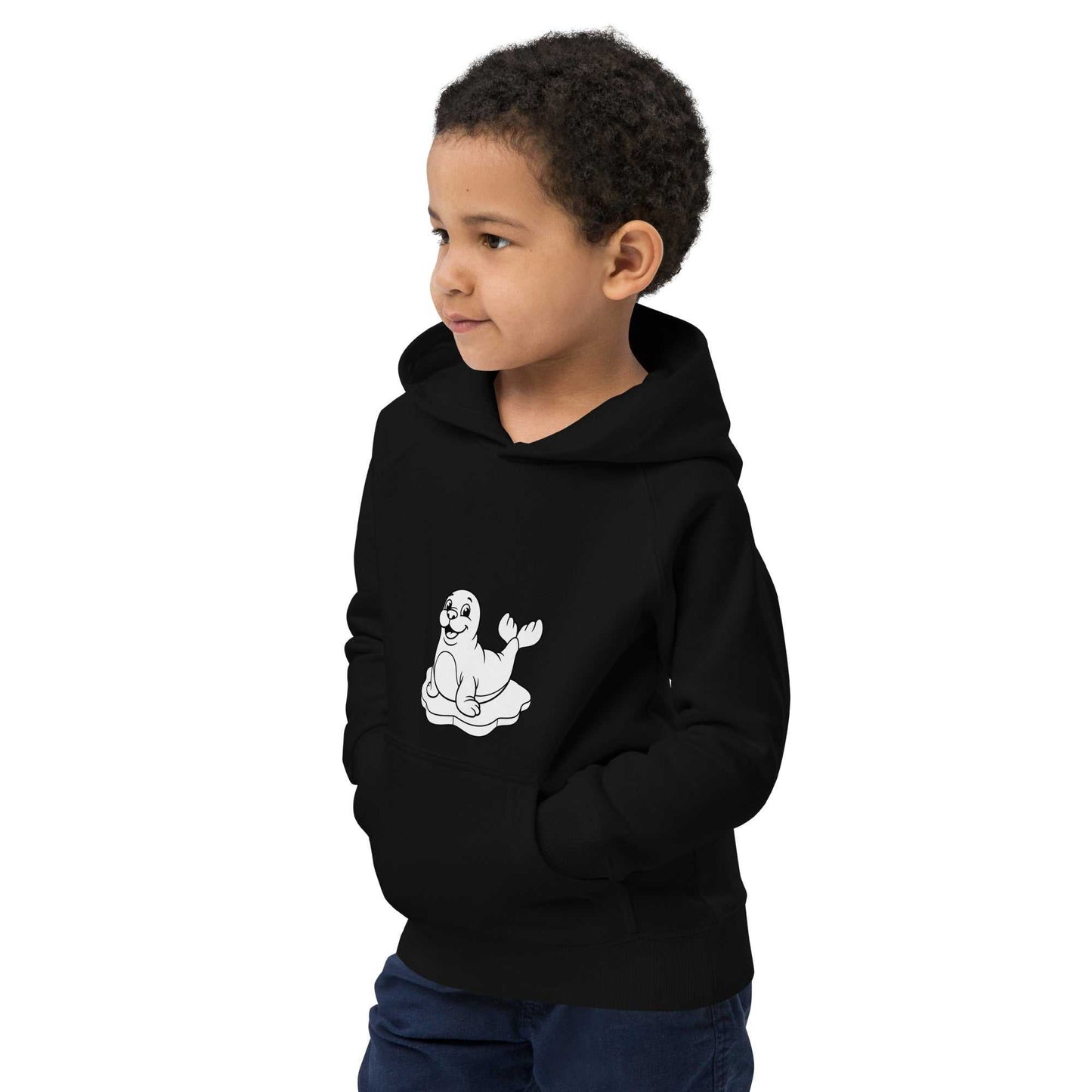 Black kids eco hoodie with seal design shown in side view, made from organic cotton for sustainable kidswear.