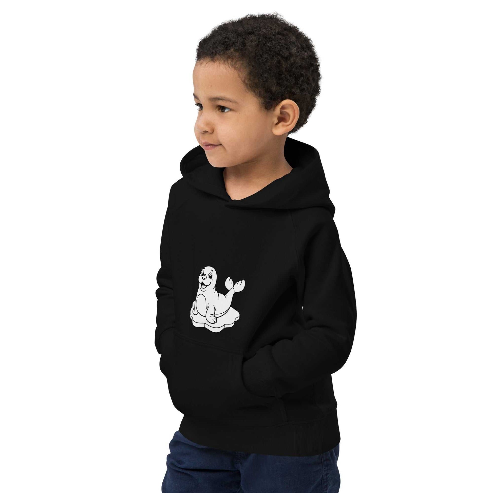 Black kids eco hoodie with seal design shown in side view, made from organic cotton for sustainable kidswear.