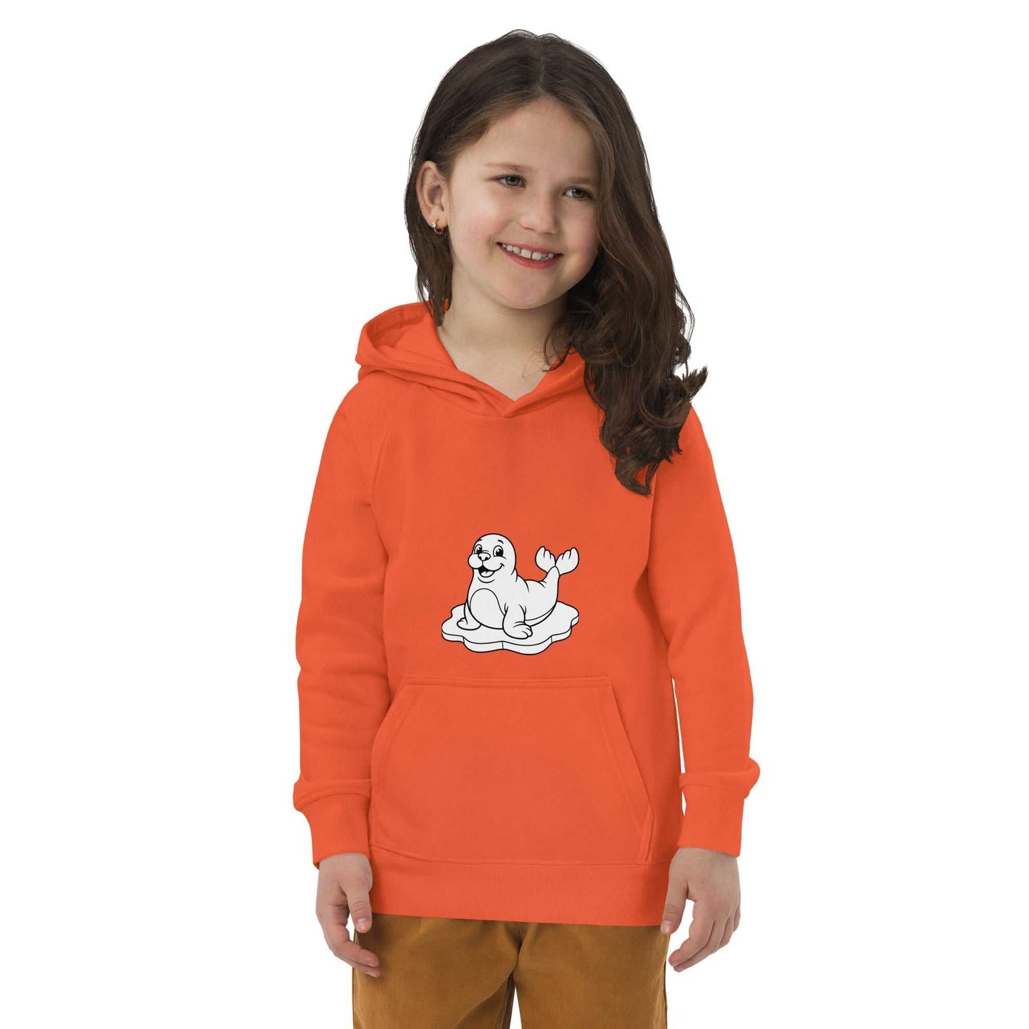 Cheerful child in orange kids eco hoodie with seal design, made from organic cotton for sustainable fashion.