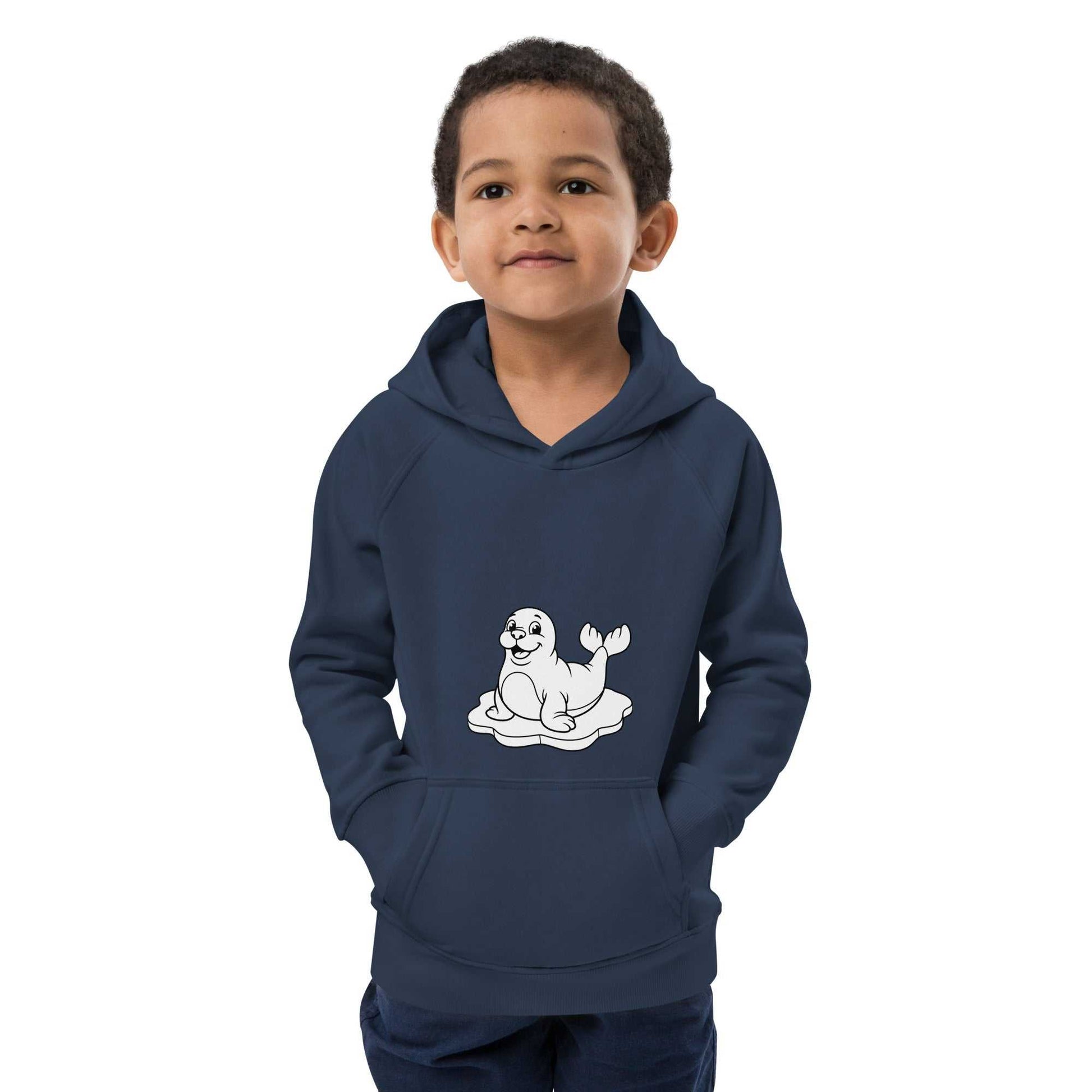 Front view of navy kids eco hoodie with seal design, made from organic cotton for sustainable and soft kidswear.